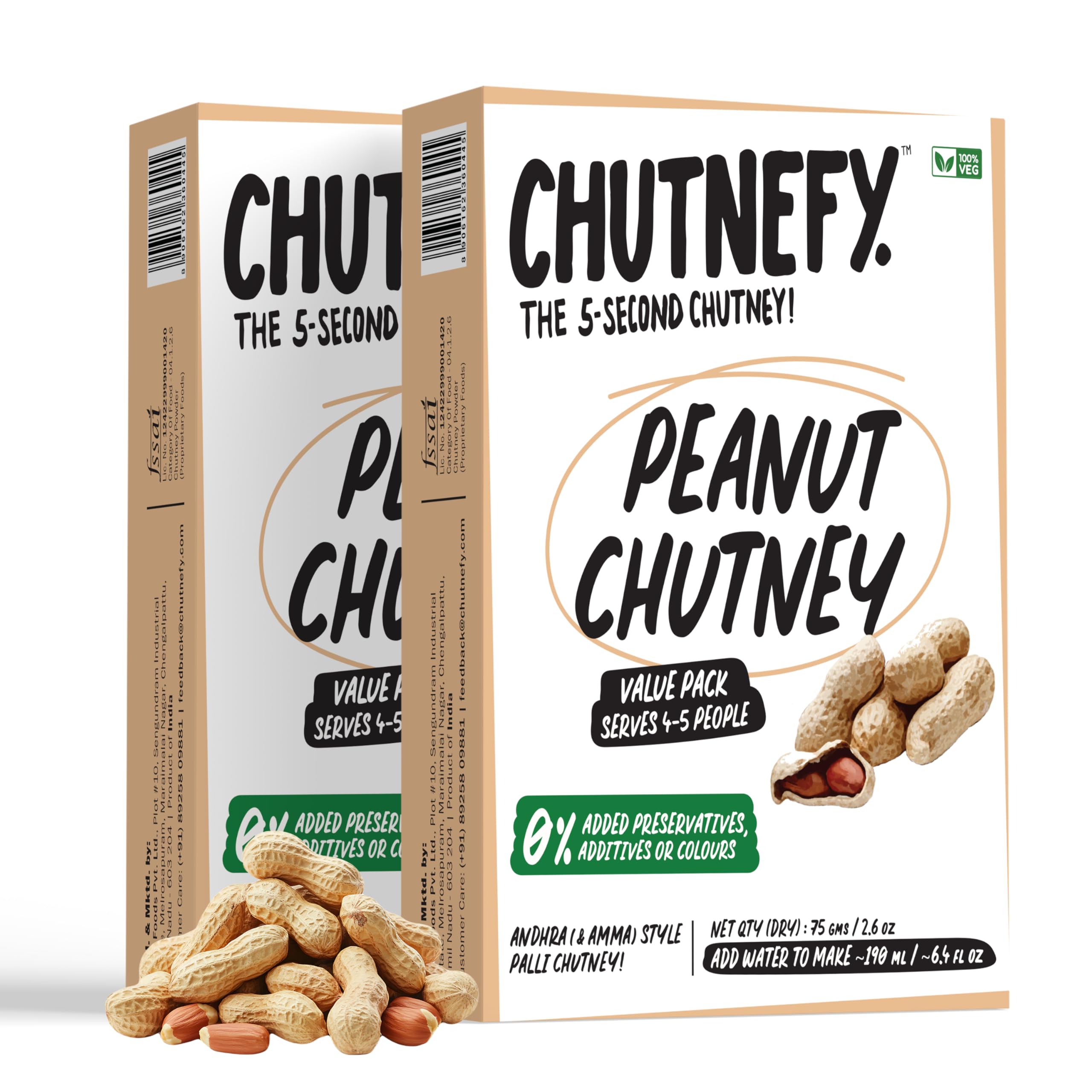 Chutnefy Peanut Chutney (Andhra Style) | Pack of 2 * 2.6oz (Dry) | Serves 4 - 5 (~6.4fl oz) Each | Ready to Eat Instant Chutney - Just Add Water | No Cooking Required | No Artificial Ingredients