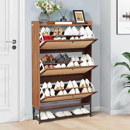 Vista 16 de LEVNARY Juego de 2 zapateros estrechos de madera con 2 cajones abatibles, organizador de zapatos independiente oculto para pasillo, entrada, hogar
