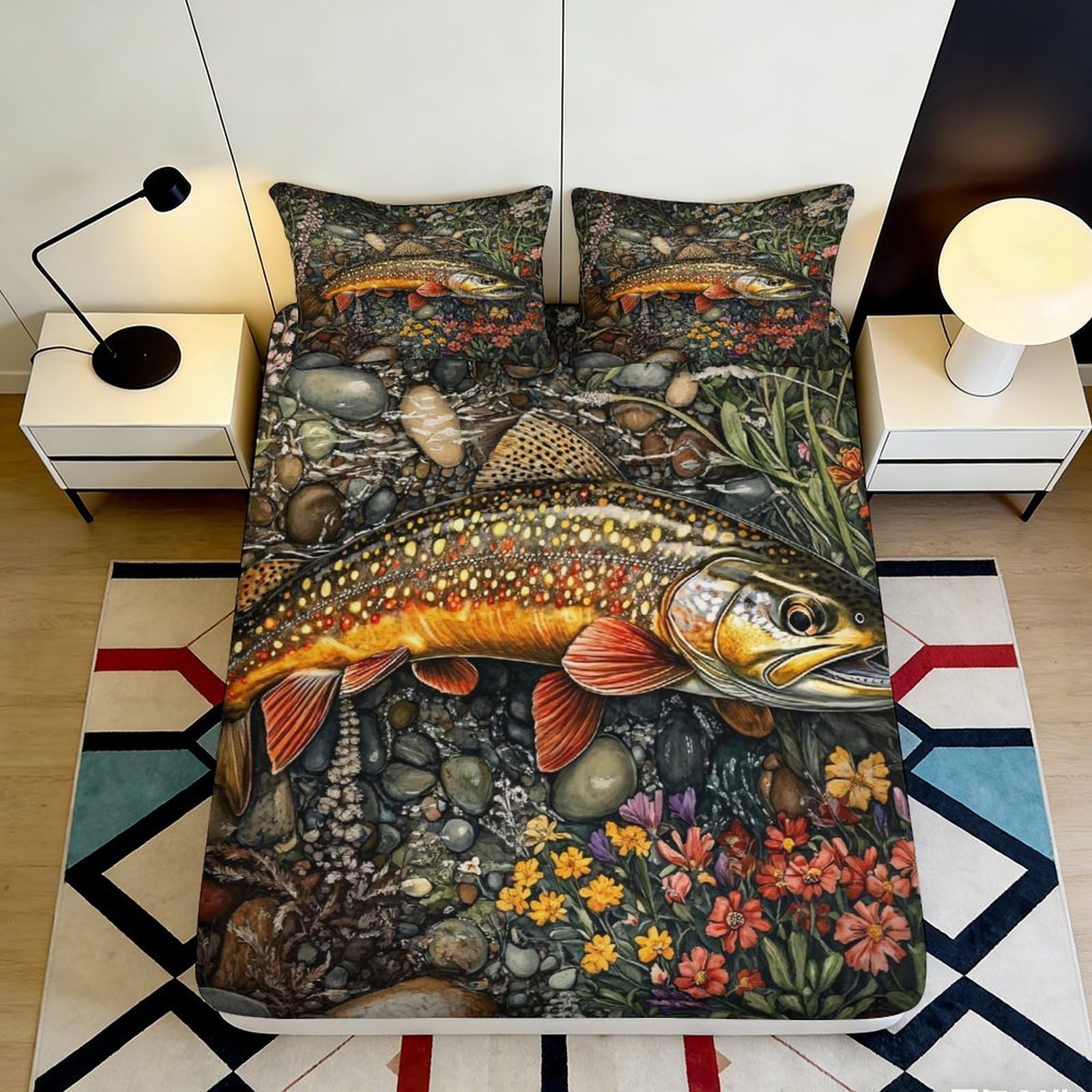 3D Printed Trout River Fitted Sheet Microfiber Artistic Fish Bed Sheet for Bedroom Decor Dorm Mattress Protection 90x200x25cm