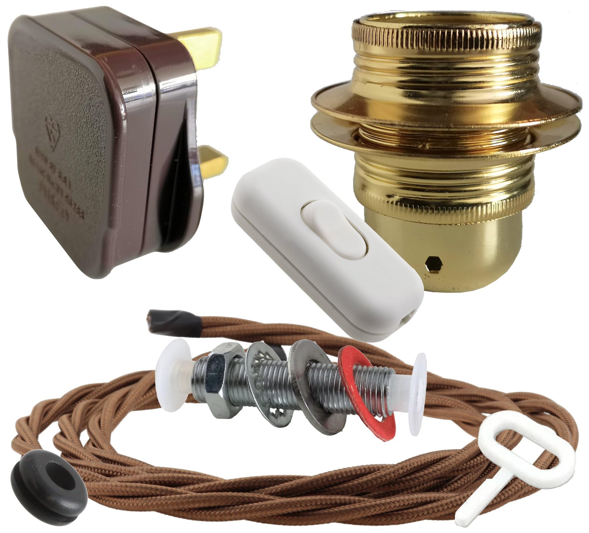 Art Deco Emporium Lamp Repair and Service Kit|Brown Plug|Bronze Flex|White Switch|E27 Brass Finish Lamp Holder Holder