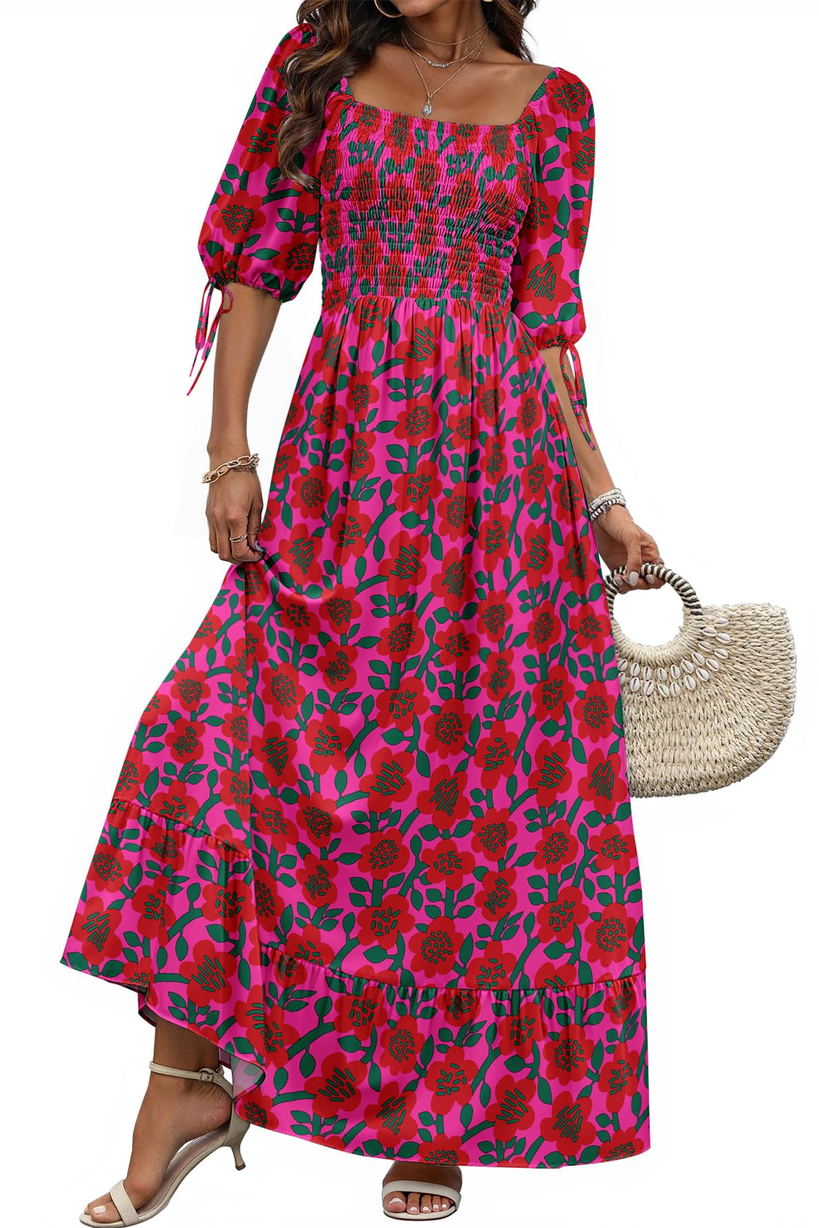Women Boho Maxi Dresses Summer 2025 Puff Sleeve Square Neck Smocked Aline Casual Ruffle Tiered Flowy Beach Long Dress Pocket