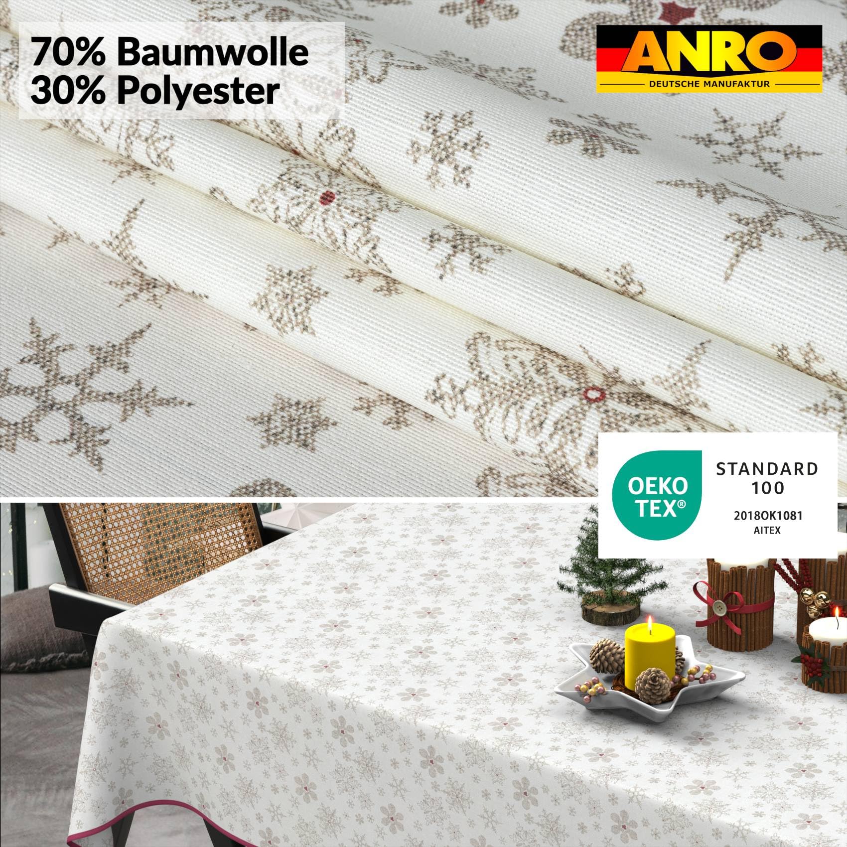 ANRO Mantel Antimanchas Navidad Copos de Nieve con Dobladillo 280x140 cm