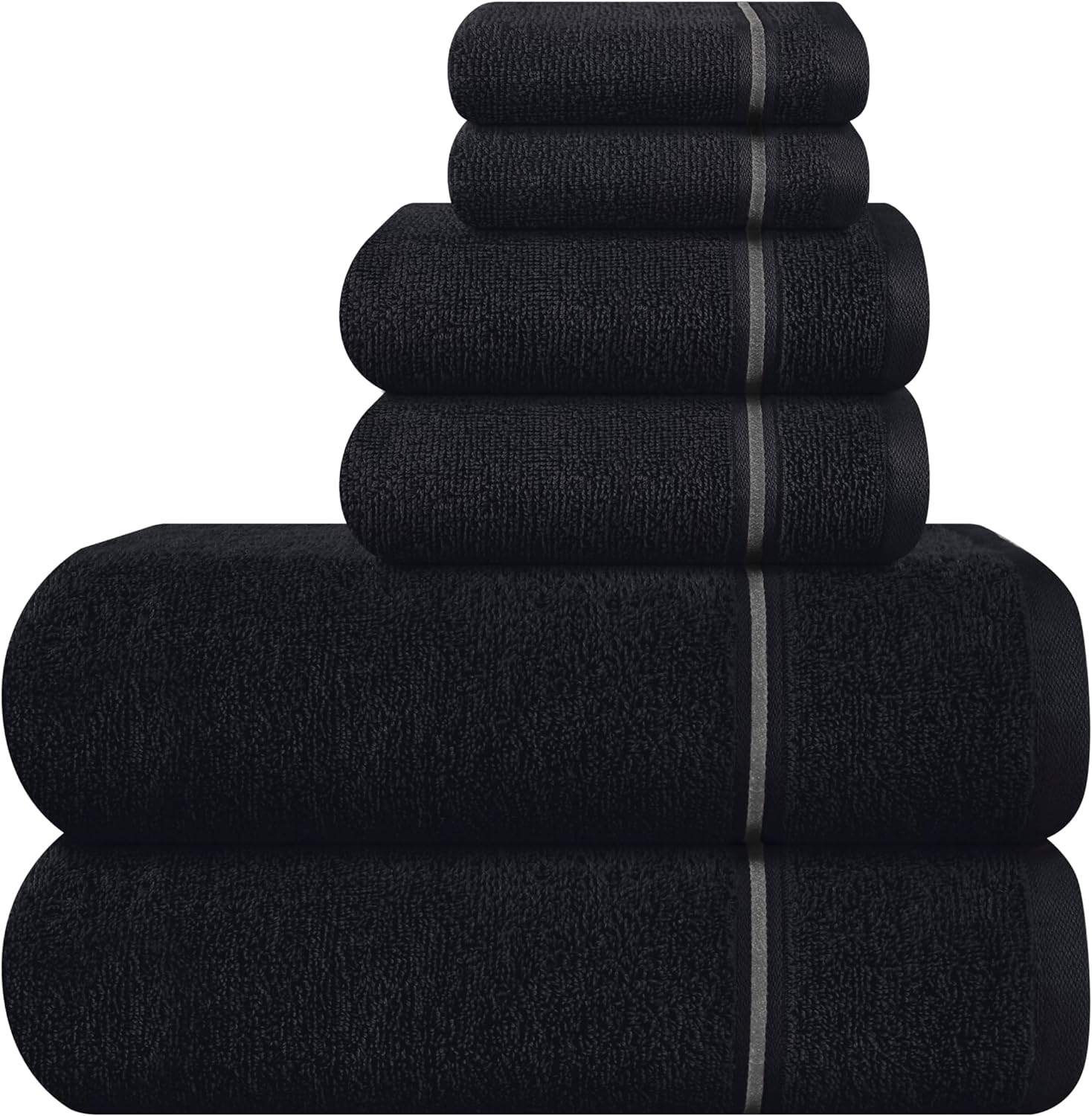 MyOwn Ultra Soft 6 Pack Cotton Towel Set, Contains 2 Bath Towels 28x55 inch, 2 Hand Towels 16x24 inch & 2 Wash Coths 12x12 inch, Ideal Everyday use, Compact & Lightweight - Black 6 Piece Set Black