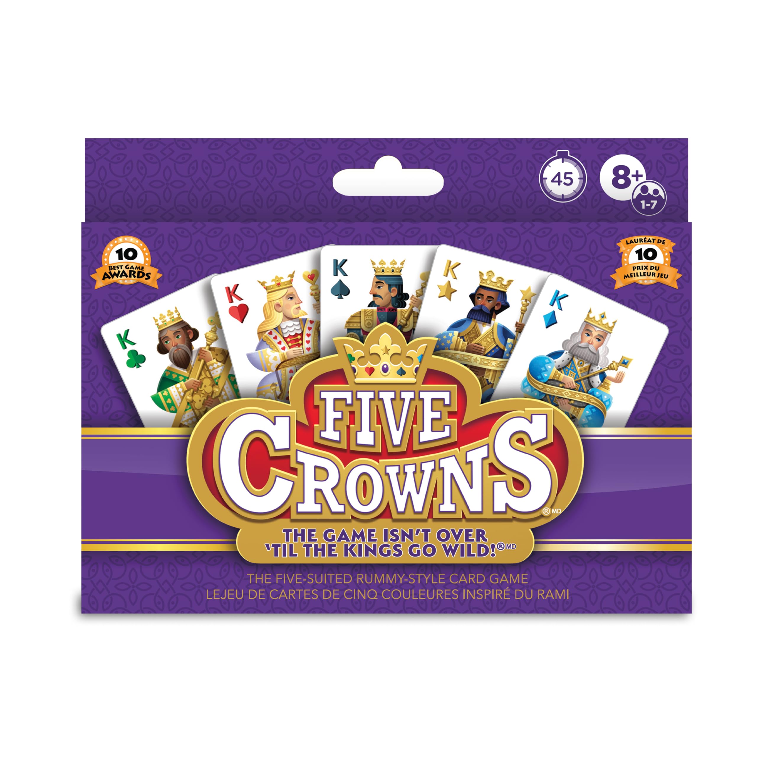 Close-up of the unique five-suit deck for the PlayMonster Five Crowns card game, highlighting the star suit and distinct card designs.