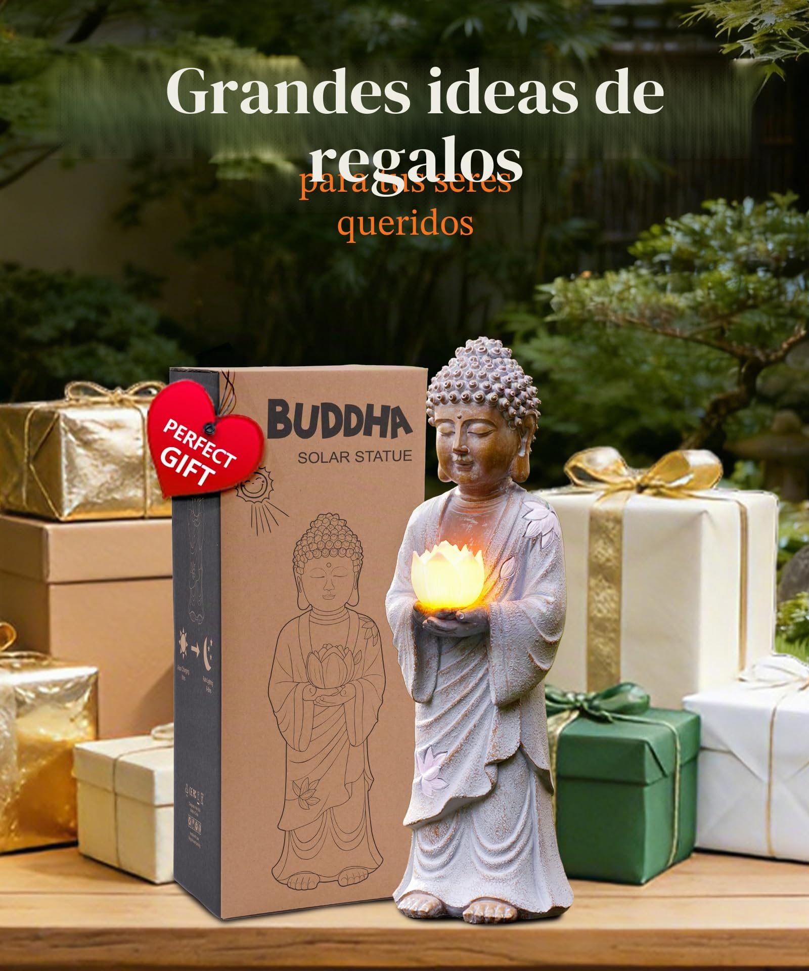 Yeomoo Figura de Buda de pie con LED solar de loto, decoración de jardín, resistente a la intemperie, para jardín, salón, Feng Shui, espiritual, regalo para mujeres, mamá y hombres, 37 cm
