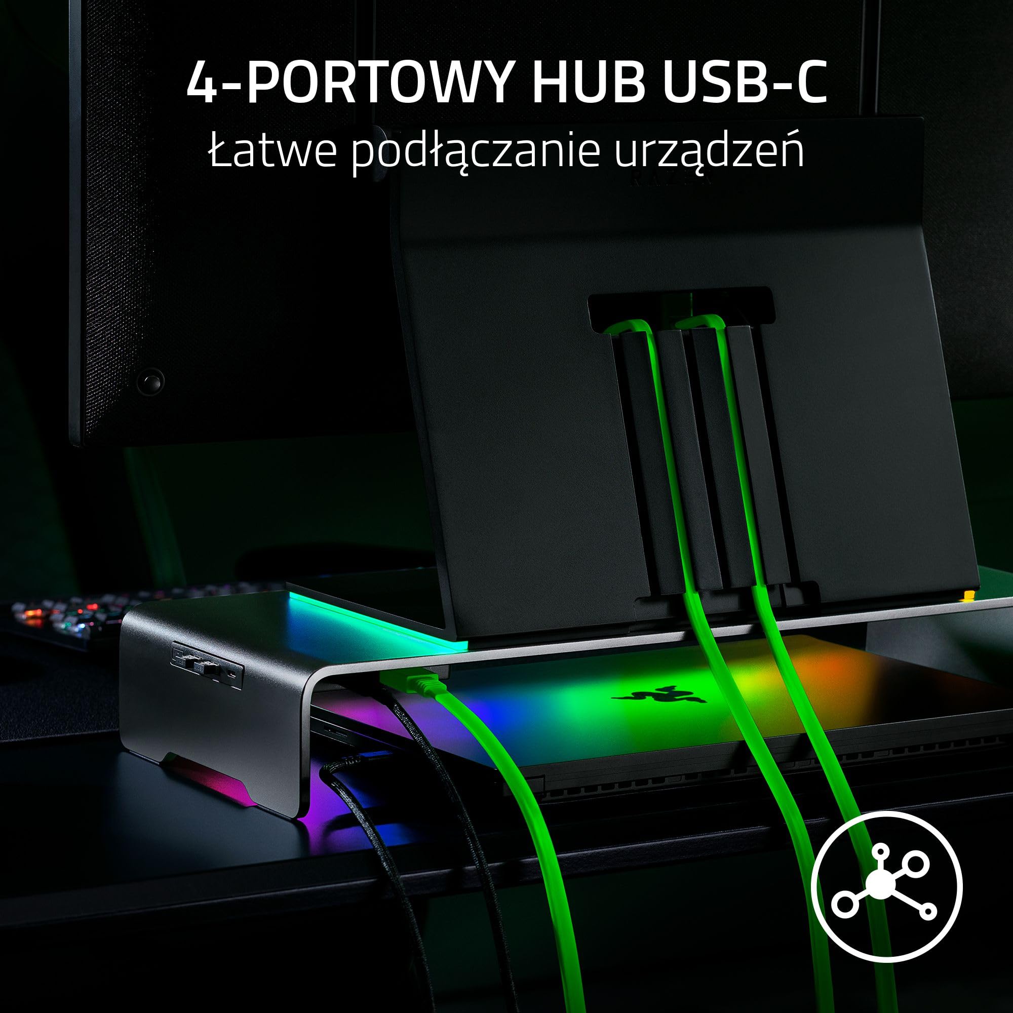 Razer Monitor Stand Chroma - Aluminiowy stojak na monitor z 4-kierunkowym hubem USB-C z Chroma RGB (50 cm x 21 cm x 7,85 cm, solidna konstrukcja, nośność 20 kg, ergonomiczna wysokość) Czarny