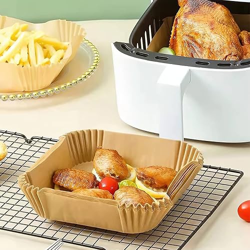 Miniatura 8 de 100 piezas de forro de papel desechable para freidora de aire pergamino cuadrado antiadherente hornear asar papel de grado alimenticio para freidora