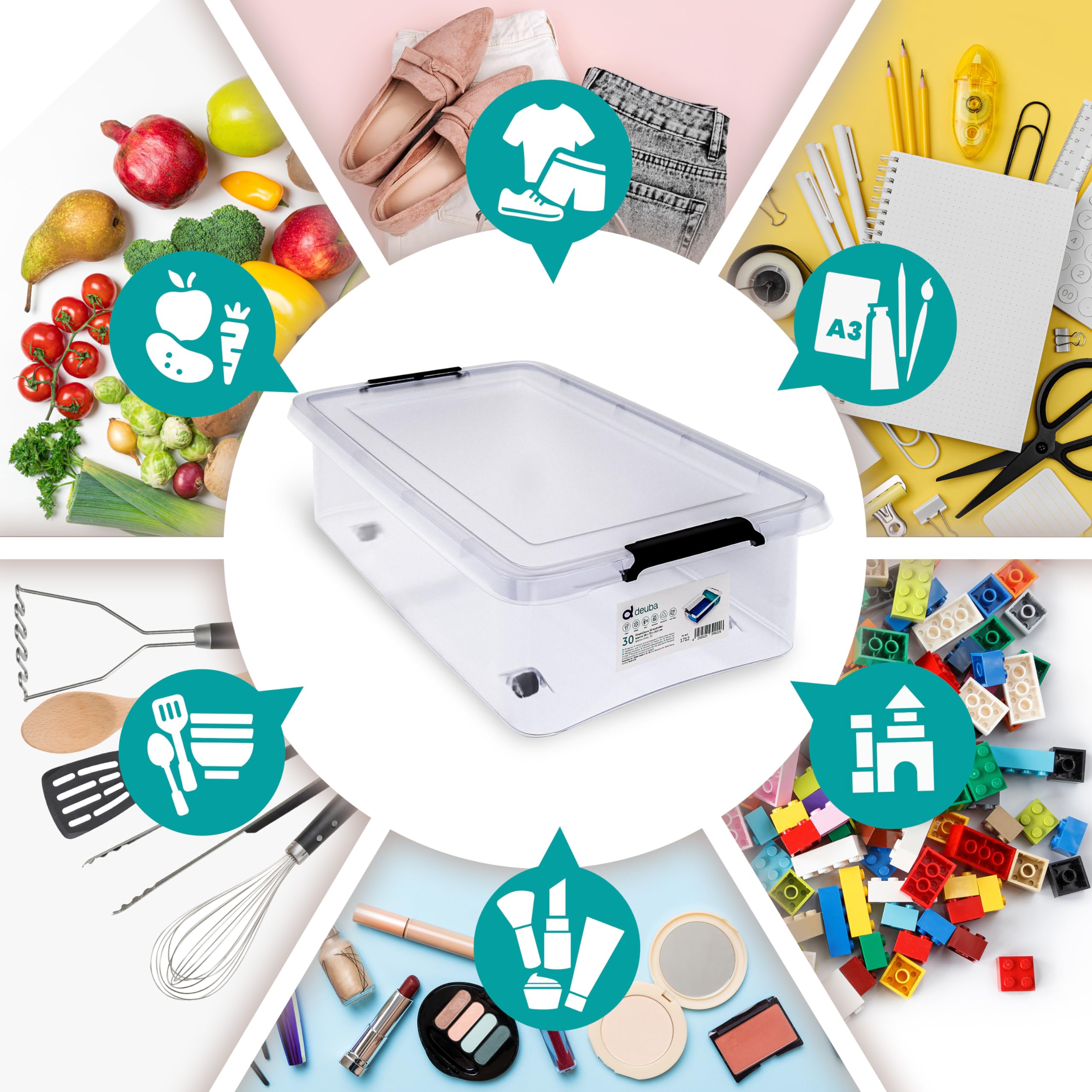 Deuba® Aufbewahrungsboxen 4 x 30l mit Deckel und Rollen, stapelbar, transparent Kunststoff BPA-frei Klickverschluss, RB60 für Büro, Garage, Waschraum