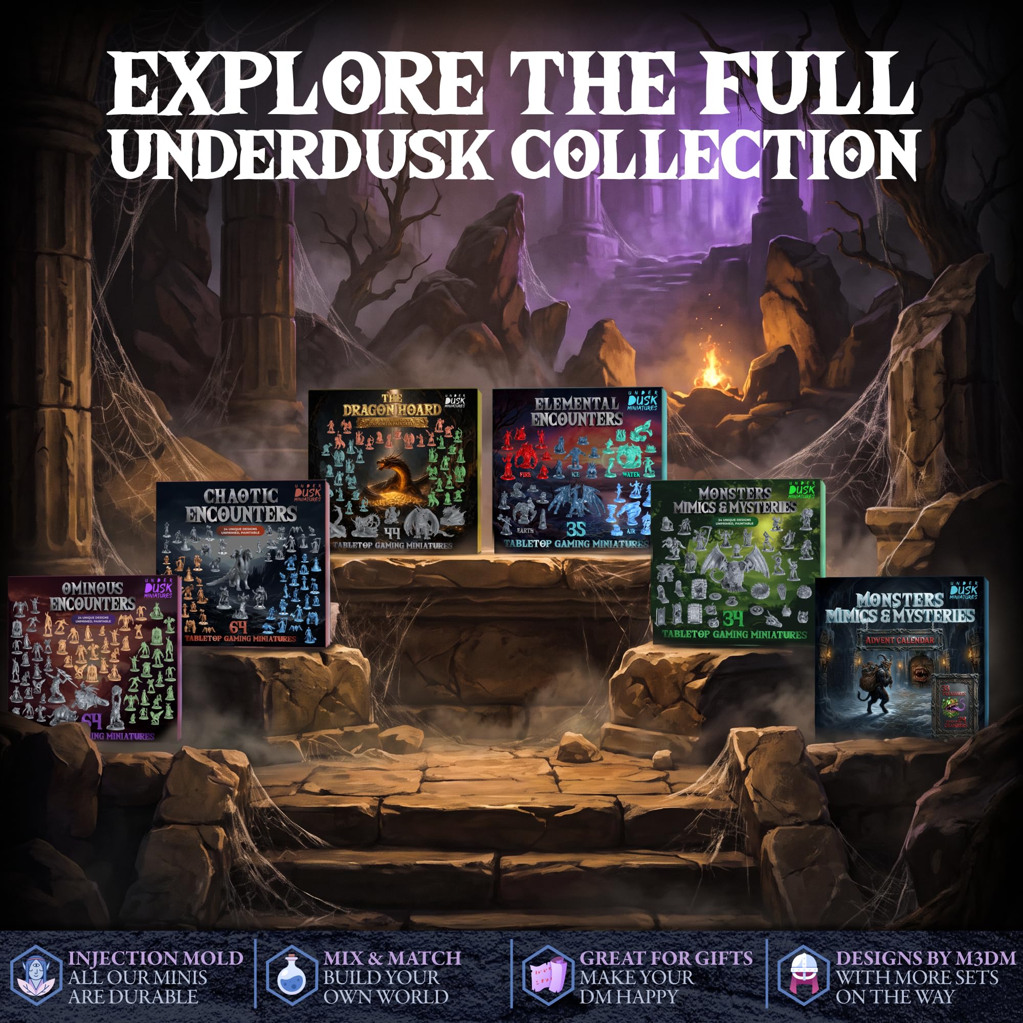 Underdusk: Chaotic Encounters – 64 D&D Miniaturen Set | Hochdetailliertes PVC, unbemalt | Inkl. Datenblättern & Storys für RPG & Tabletop