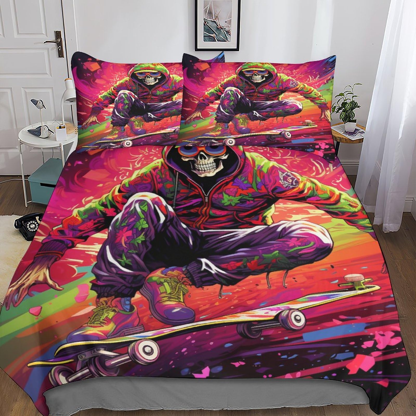 Housse de couette crâne anti-acarien et respirante pour literie ado double 200x200cm