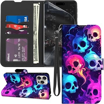 for iPhone 16 Pro Max Case Wallet with Screen Protector, Stand PU Leather Flip Folio Cover with Card Holder, Full-Body Protection Phone Case for iPhone 16 Pro Max, Colored Skull