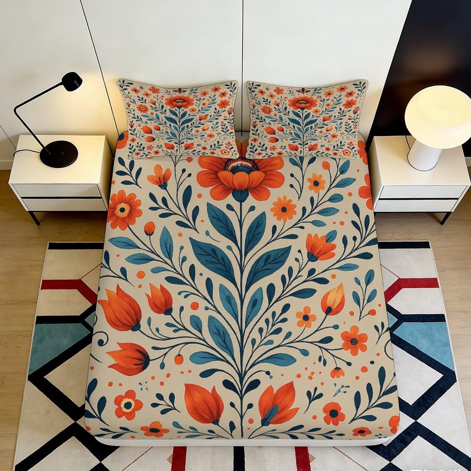 3D Printed Floral Botanical Fitted Sheet Microfiber Orange Blue Mattress Cover for Bedroom Guest Room Easy Care 90x200x25cm