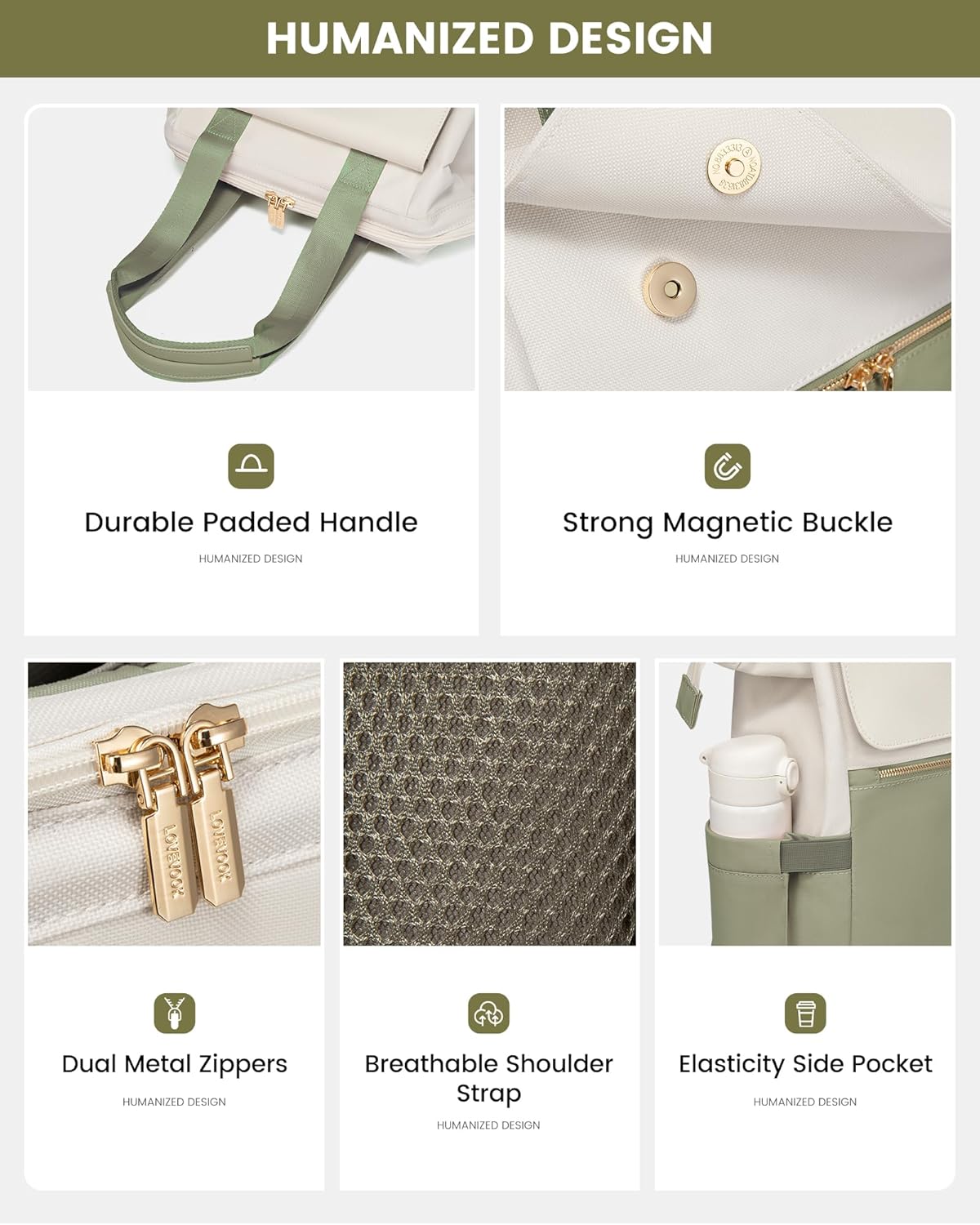 LOVEVOOK Laptop Backpack for Women, 15.6 Inch Work Laptop Bag with USB Port, Fashion Teacher Nurse Backpack Purse, Waterproof Travel Computer Backpack with Organizer Bag, 2PCS, Beige-Bean Green - Image 3