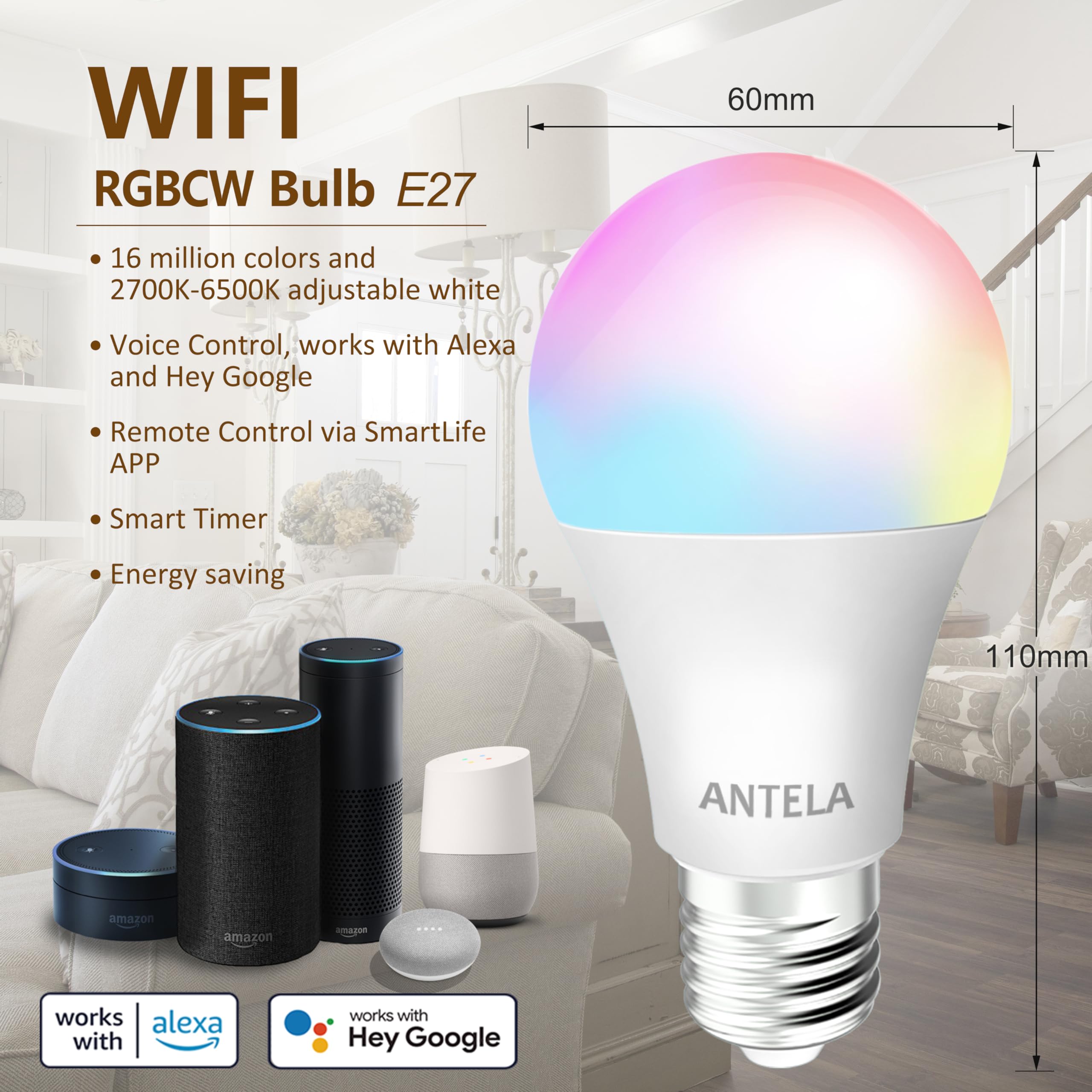 ANTELA Bombilla Inteligente LED E27 Wifi Compatible Con Google Home/Alexa, Bombilla RGB(2700K-6500K) Luces Colores Regulable, Control Remoto,Control De Voz, Ahorro Energético, Paquete 2