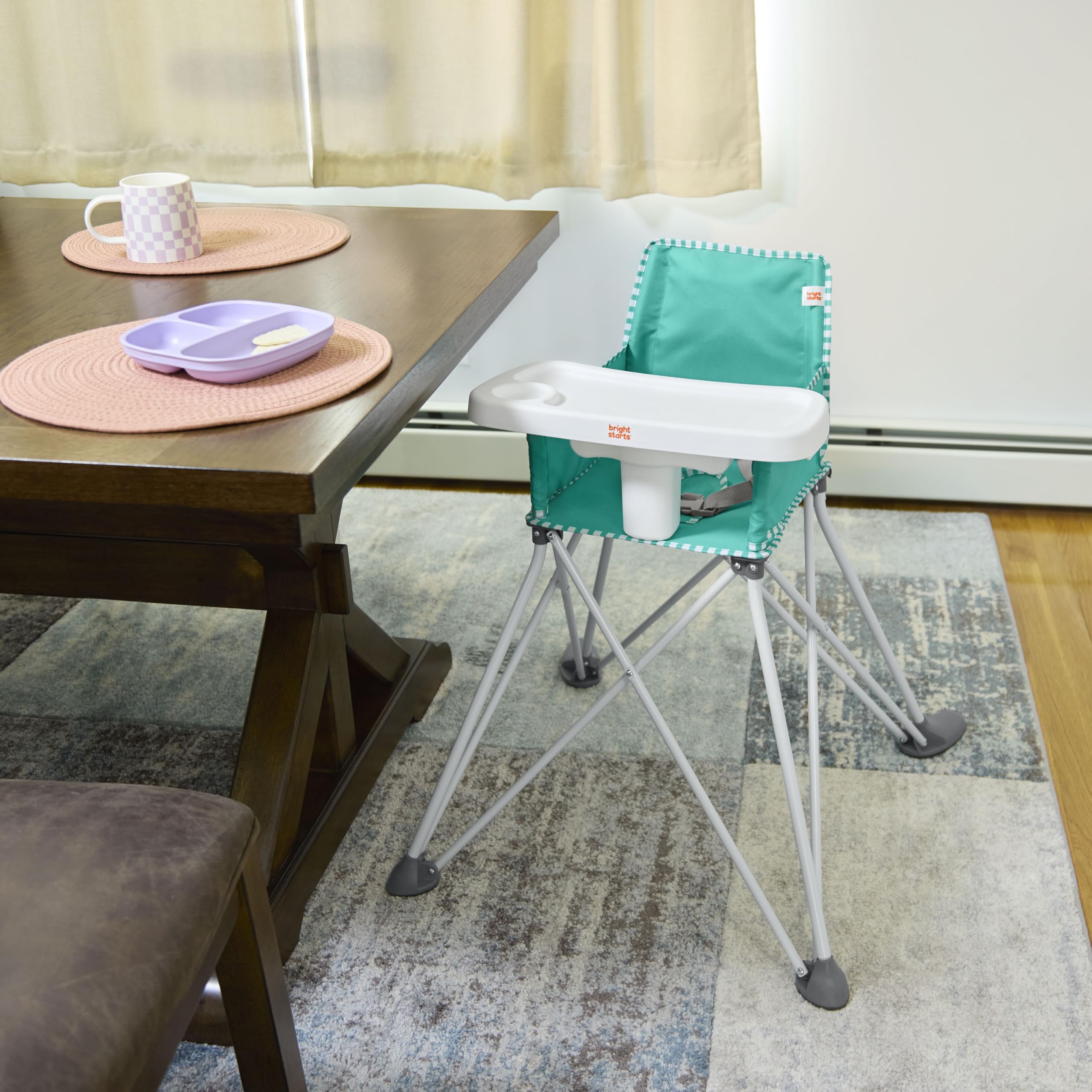 Bright Starts Pop 'N Dine Przenośne krzesełko do karmienia, wewnątrz/na zewnątrz, łatwe składanie, unisex, turkusowy, 6 miesięcy +
