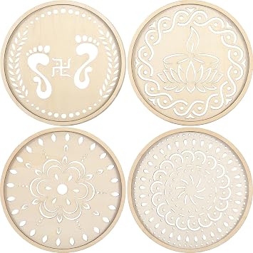 4 Pcs Diwali Rangoli Circular Stencils Wooden DIY Making Kit for Art, Reusable Round Rangoli Stencils for Floor, Indian Decor for Diwali Onam Varalakshmi Pooja Festival Floor Painting