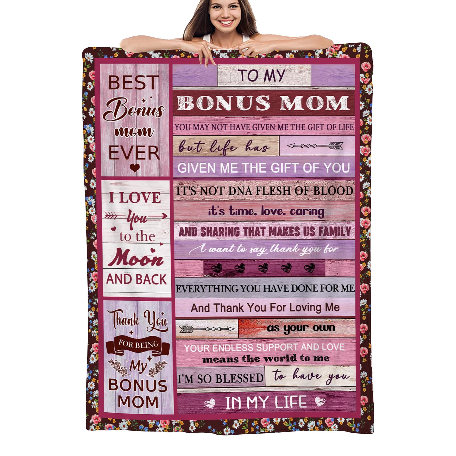 Bonus Mom Gifts, Step Mom Step Mom Gift from Daughter Son 50x60 Inch Cozy Flannel Throw Stepped Up Mom Blankets Christmas Thanksgiving Birthday Gifts for Step Mom