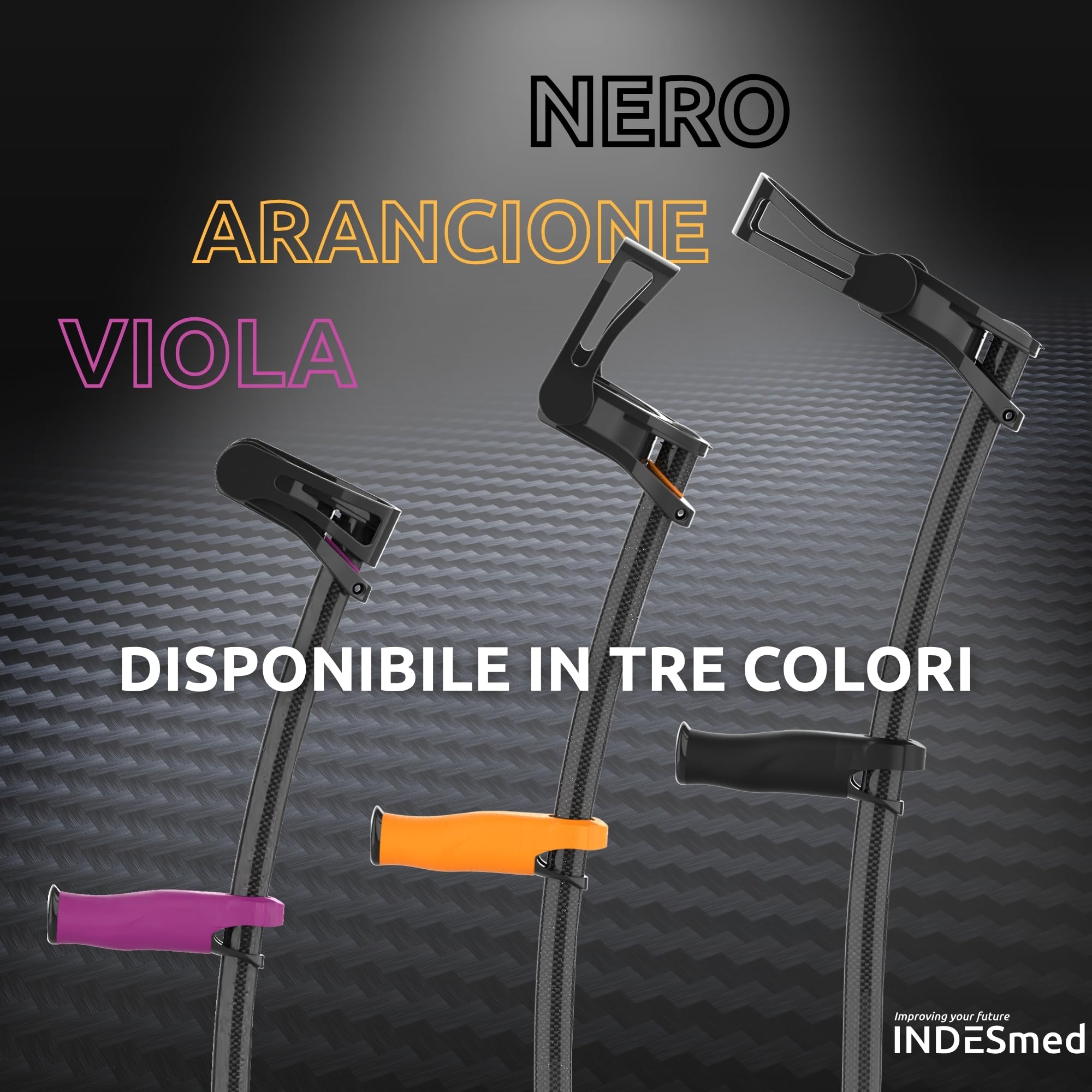 INDESmed - Stampelle in fibra di carbonio 100% (2 unità) - Stampelle lusso, Più leggere al mondo, design brevettato - Stampelle ortopediche regolabili leggere, Uomo e Donna (Grigio, L)