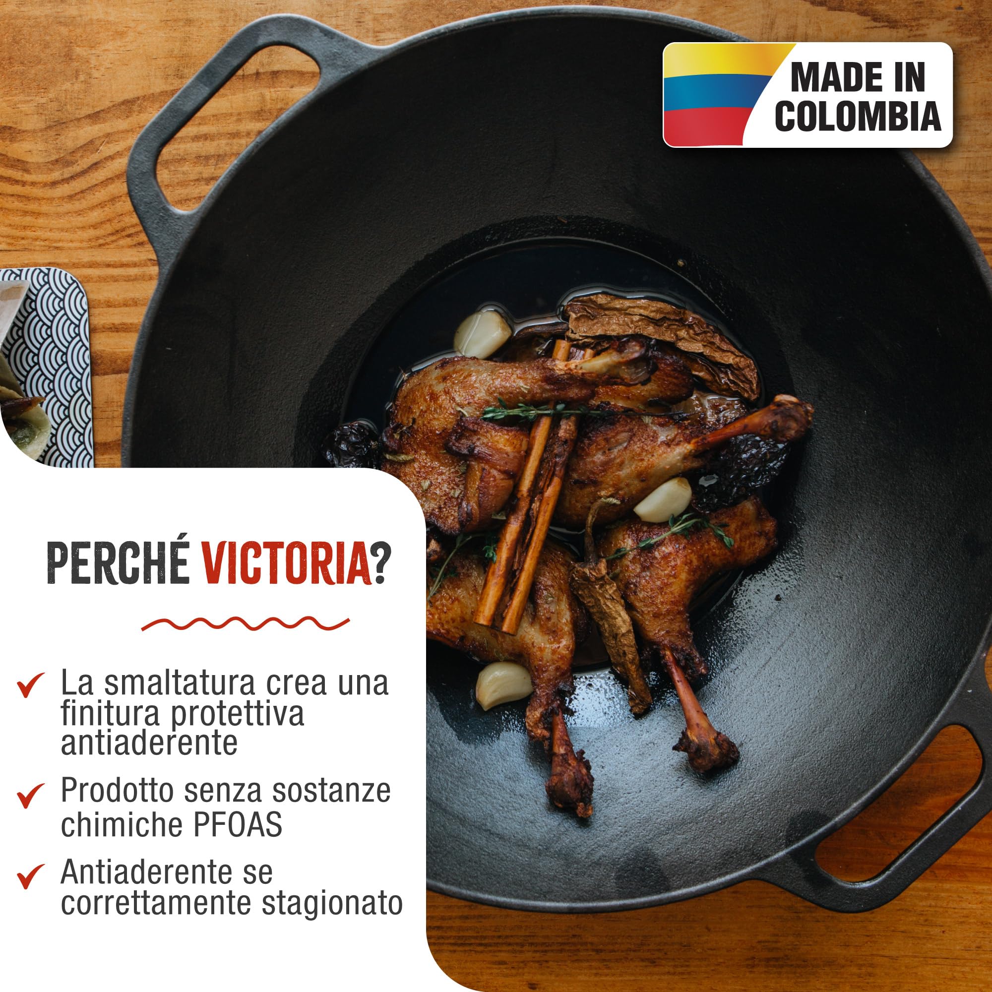 Victoria Wok in Ghisa Smaltata Induzione da 35,5cm, Adatta per, Fuoco, Barbecue, Forno, Vetroceramica e Gas, Cast Iron Skillet Senza Sostanze Tossiche, Senza PTFE e PFOA