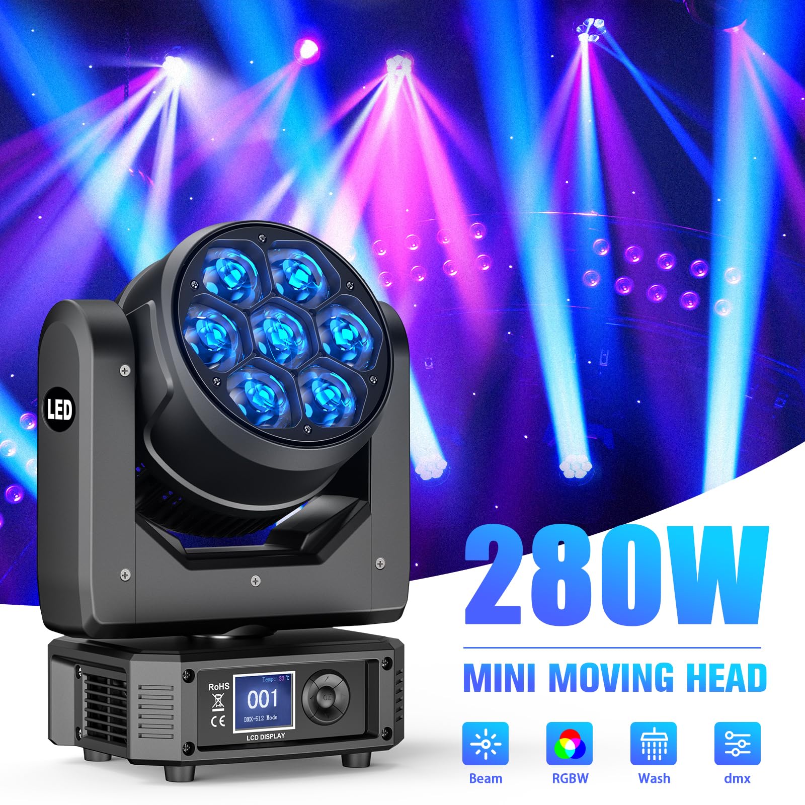 Moving Head LED 7X40W Bühnenlicht Strahler dmx RGBW mit Zoomfunktion Wash Effekt für Hochzeits Disco DJ Party Strahler Bühnenbeleuchtung Discolicht Party lichter lichteffekte