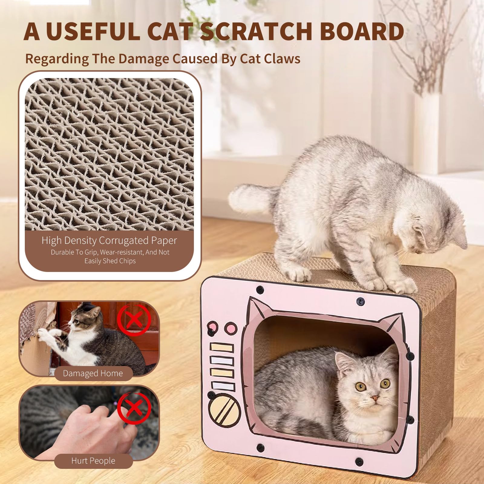 PETCUTE 3 in 1 Tiragraffi per Gatti Cartone,Graffiatoio in Cartone Ondulato Vintage,TV Radio a Forma di Graffiatoio per Gatti Cartone con Fondo Antiscivolo,per Proteggere Mobili,Rosa