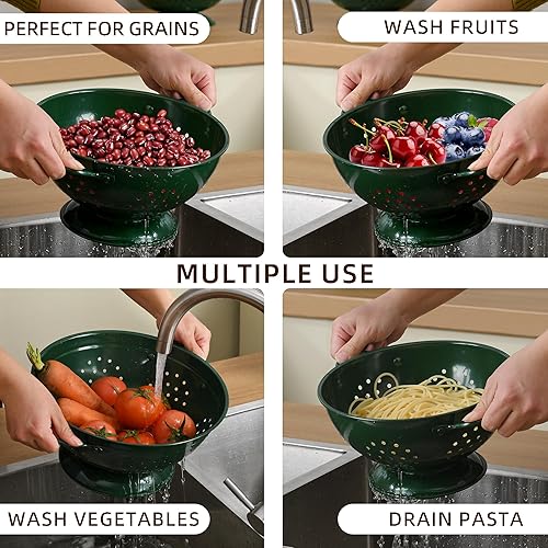 Miniatura 6 de Juego de 3 coladores de metal, cesta coladora con asas, perfecto para espaguetis, pasta, bayas, verduras, frutas, base sólida con recubrimiento en