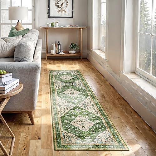 Miniatura 583 de Lahome Tapete tribal bohemio, pequeño, suave, antideslizante, lavable, de pelo corto, para piso en puerta, interior, entrada, baño, silla, Verde