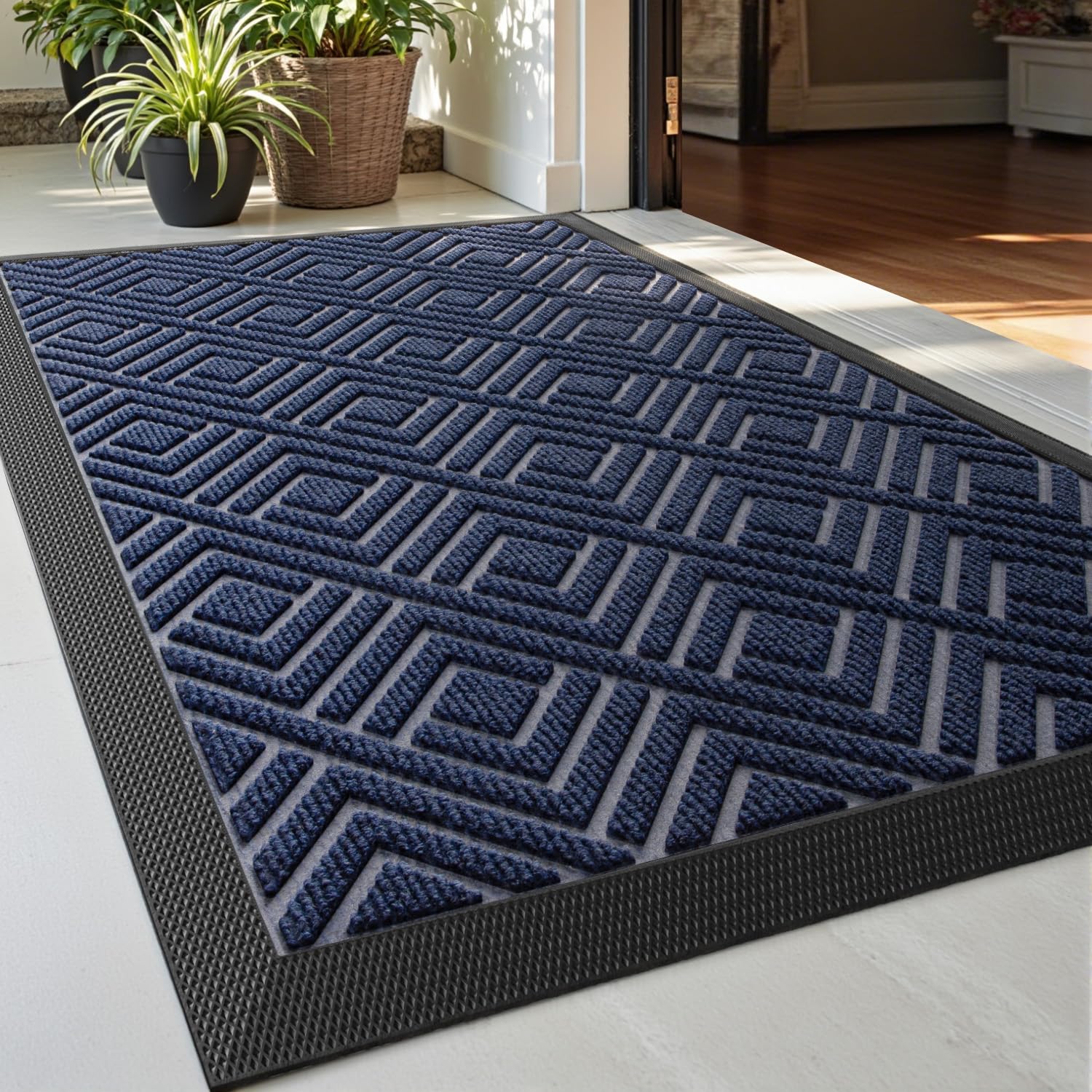 DEXI Door Mat Heavy Duty Outdoor Indoor Doormat, Stain and Fade Resistant, Non Slip Front Door Mats, Patio Entryway Floor Mat, 17"x29", Checkered Navy