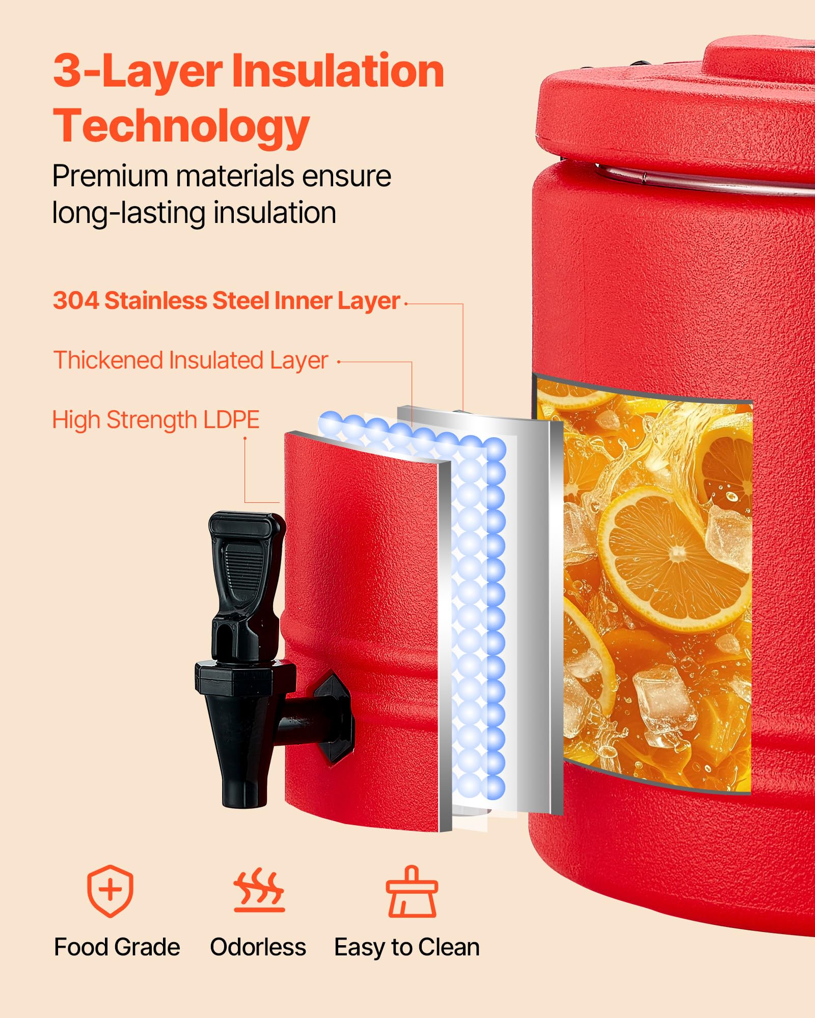 VEVOR Dispensador de Bebidas Térmico de 8 L con Grifo, Jarra Térmica de Acero Inoxidable 304 para Bebidas Frías y Calientes, Ideal para Té, Café, Restaurantes y Exteriores, 295 x 295 x 275 mm