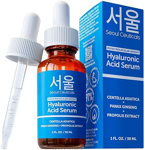 SeoulCeuticals Suero de ácido hialurónico coreano para la cara, ácido hialurónico de alto peso molecular y bajo peso molecular, suero centella +