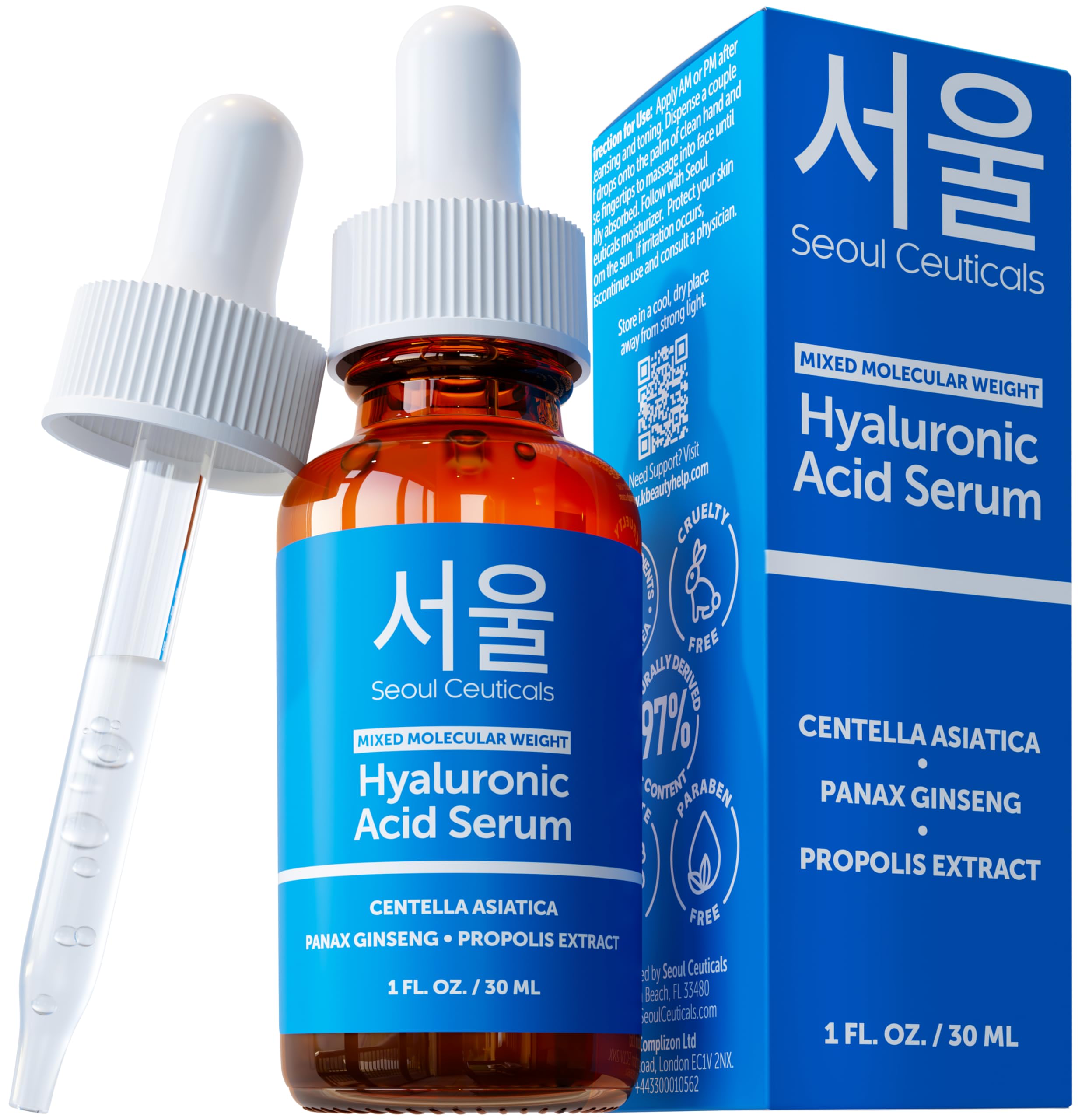 SeoulCeuticals Korean Hyaluronic Acid Serum For Face - High Molecular Weight & Low Molecular Weight Hyaluronic Acid - Centella Serum + Propolis. 1oz