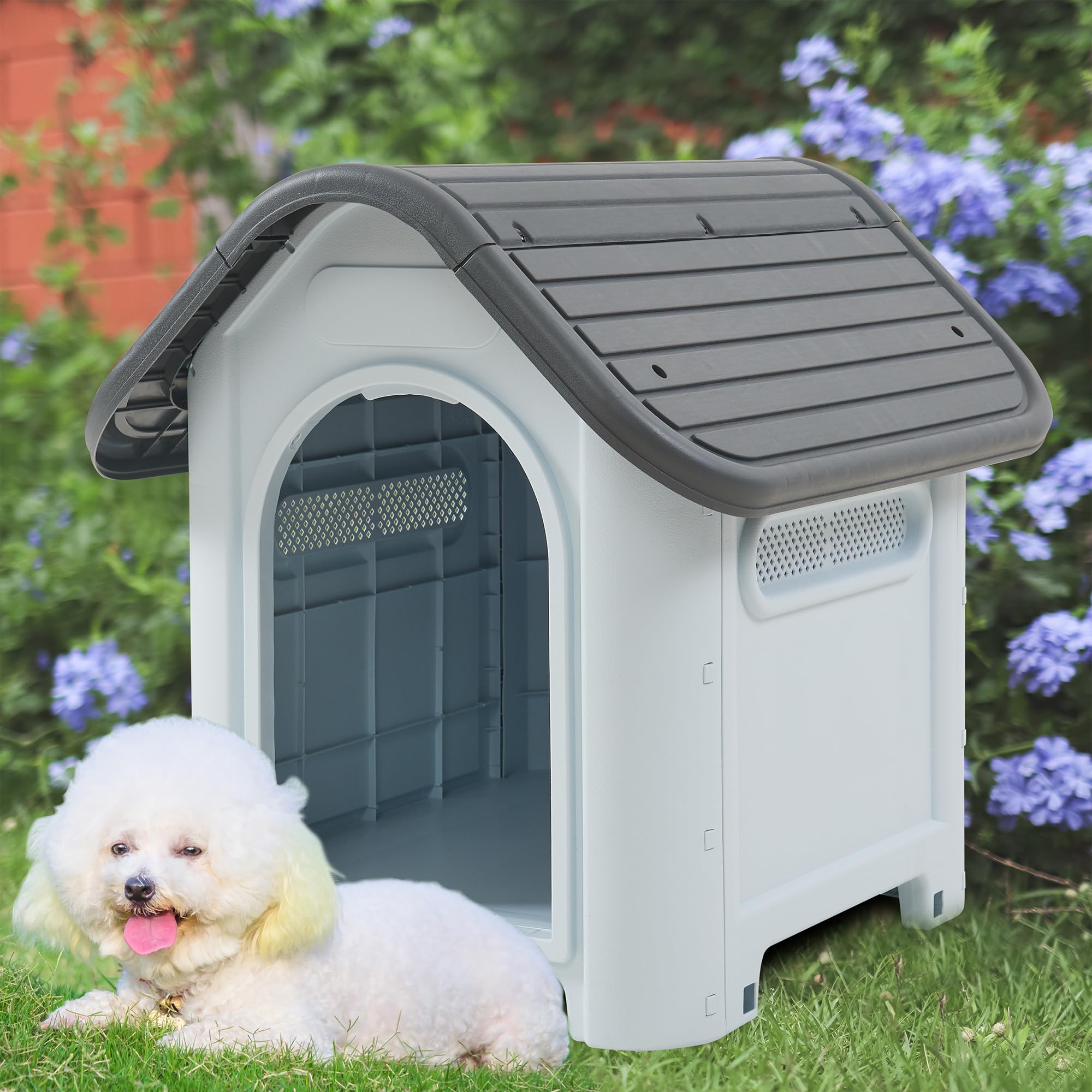 [en.casa] Niche pour Chien Animal de Compagnie Résistant aux Intempéries avec Base Surélevée Abri Extérieur avec Fentes d'Aération Plastique 75 x 59 x 66 cm Blanc Gris