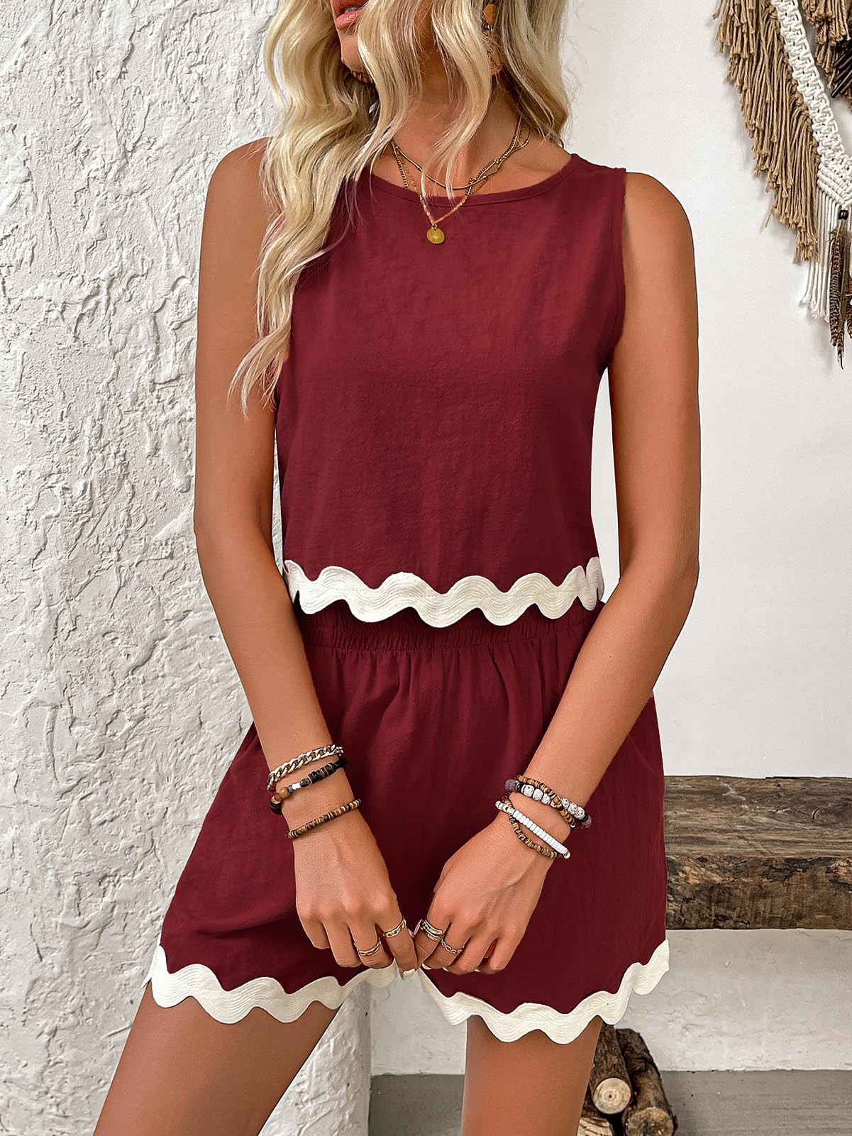 Rayson Conjunto de 2 Piezas Mujer Verano Casual Top Sin Mangas y Cortos con Bolsillos Borde Ondulado Clásico y Versátil