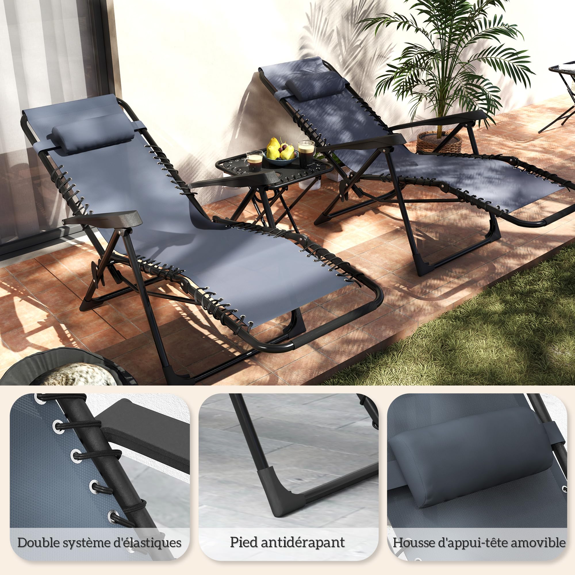 Outsunny Lot de 2 Chaise Longue gravité zéro - Ensemble transat 3 pièces avec Table d'appoint et Porte-gobelets - Bain de Soleil Pliable, Dossier réglable et Appui-tête pour terrasse, Piscine, Gris