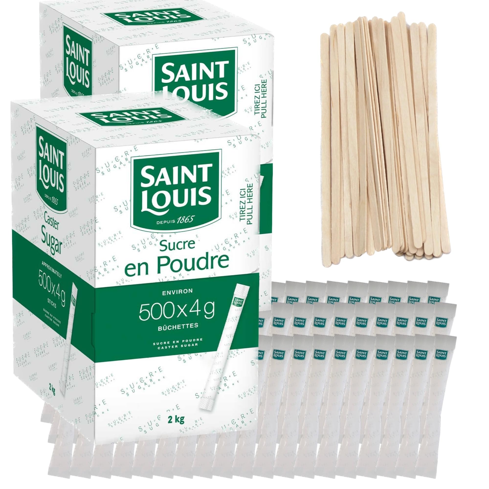 Lote de 1000 sobres de azúcar cristalizado SAINT LOUIS en palitos individuales de 4 g (2 kg x 2) con agitadores de madera – Ideal para bebidas calientes, cafés y tés – 2 cajas de 500 sobres