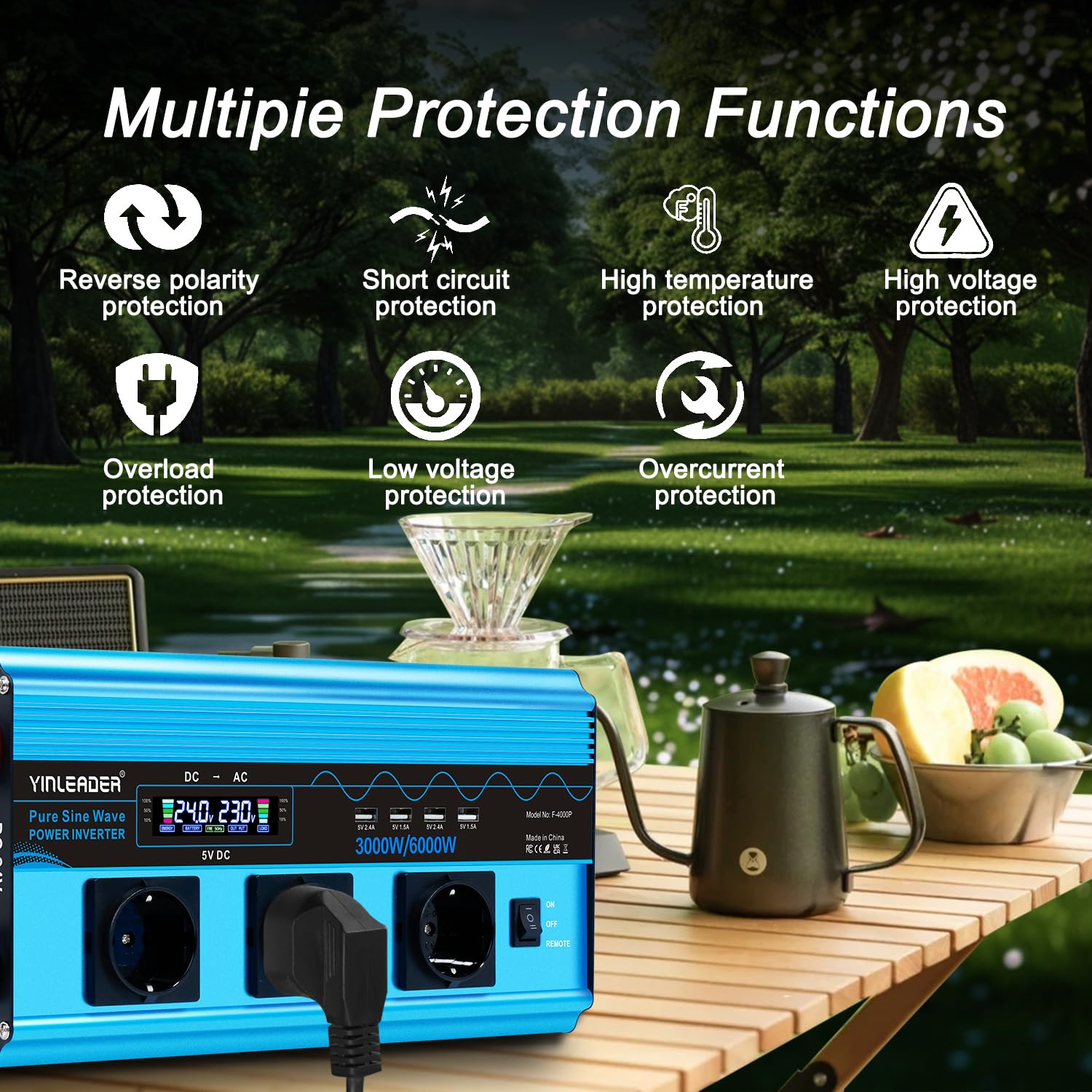 Yinleader Inversor 3000W Onda Sinusoidal Pura Convertidor de Voltaje 24V 230V con LCD | 3 Tomas y 4 USB Mando a Distancia Inalámbrico /6000W