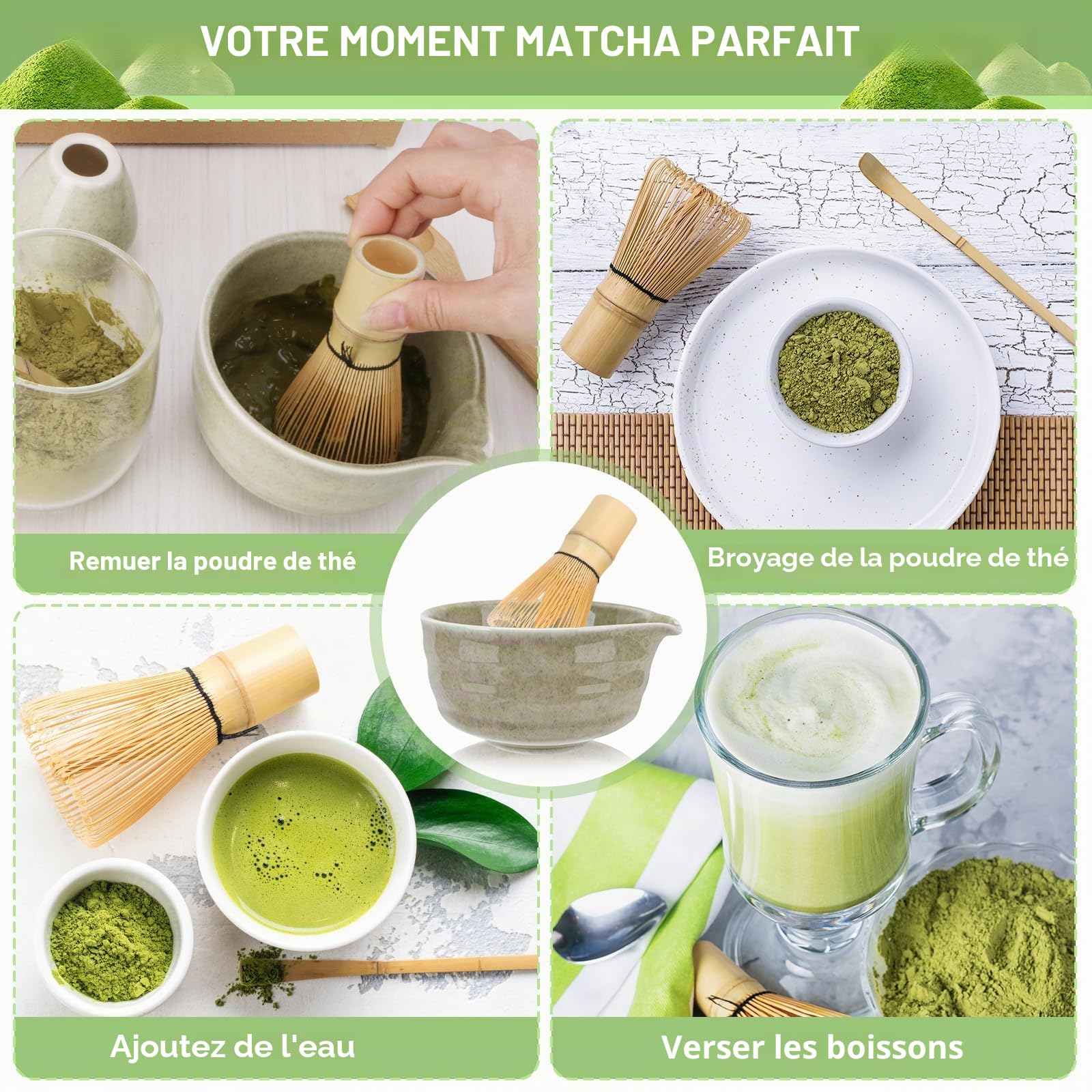 Matcha kit Matcha Whisk Set Accessoire de cérémonie du Matcha Japonais 5 pièces Bol Matcha avec Bec Fouet au Matcha Ouillère à Thé Kit de Fabrication de Thé
