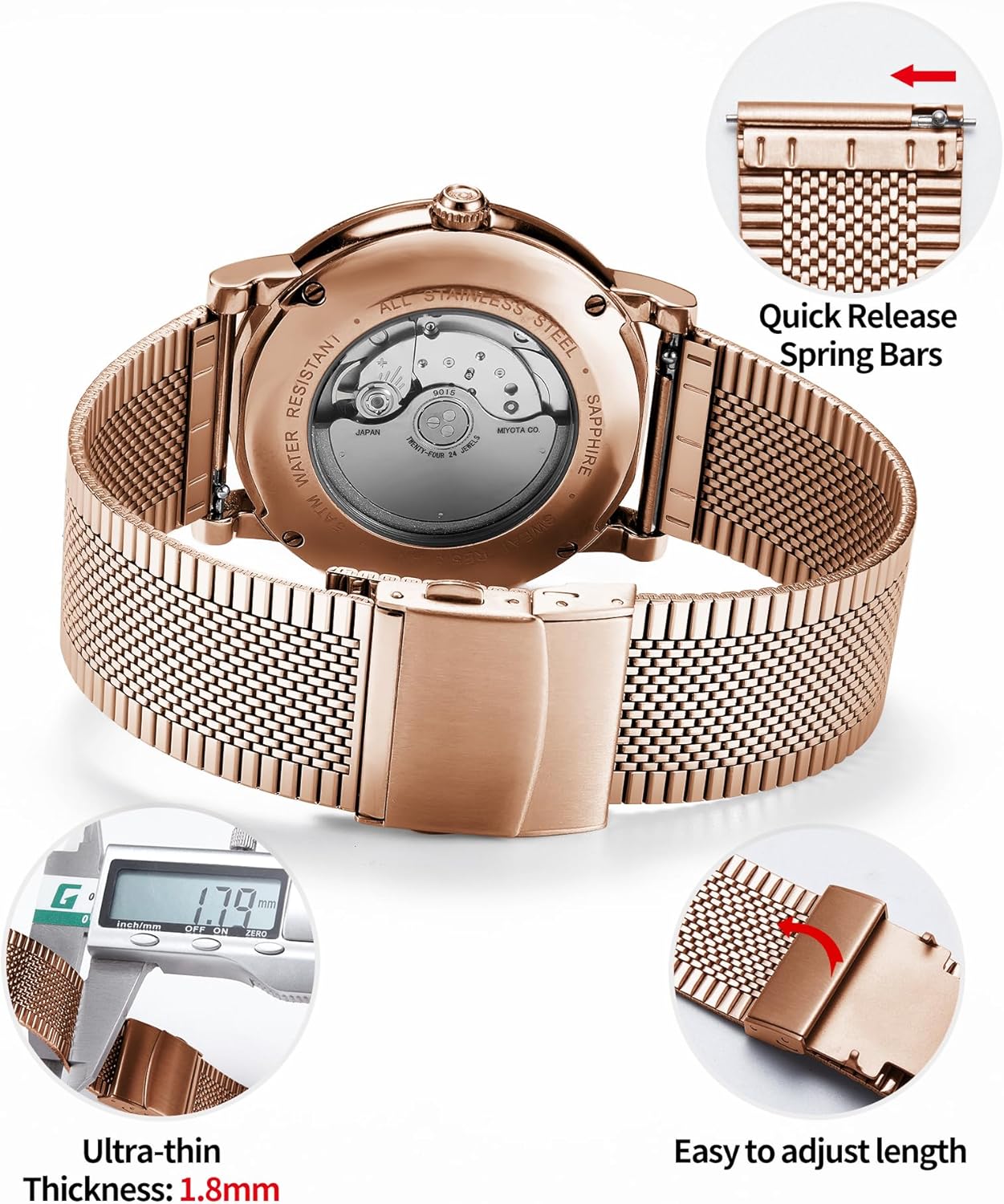 BINLUN Stainless Steel Mesh Watch Bands 12mm 14mm 16mm 18mm 20mm 22mm Ultra-thin Quick Release Metal Replacement Watch Strap Men Women 4 Color (Gold, Silver, Black, Rose Gold)