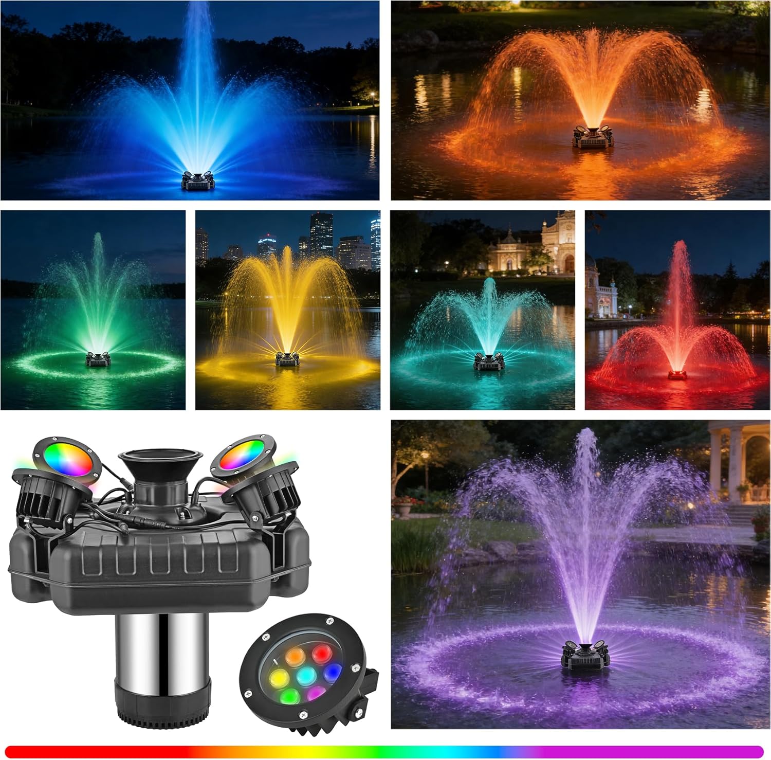 Pond Fountain Aerator with RGB Lights 110V, 15000GPH 1HP 750W Floating Fountain Pump with RGB Lights, Extra Dual Nozzles and 100ft Power Cord, Timer & Overheat Protection for Large Ponds/Lakes