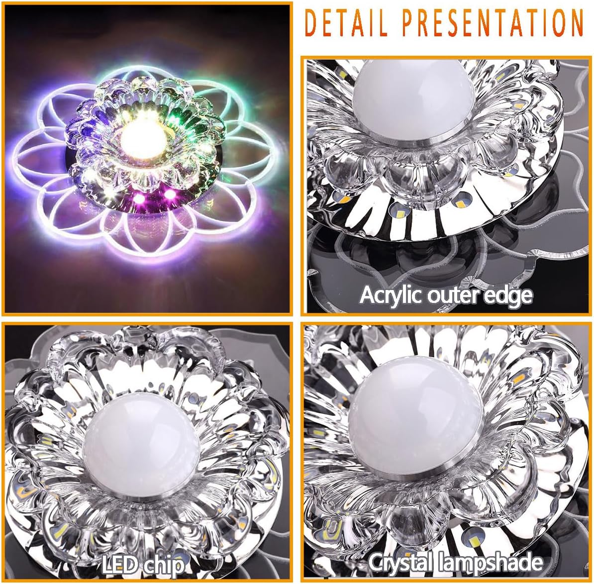 3W,5W Crystal LED Downlight, Dimmable Recessed Downlight, Ceiling Lighting Fixture with Colored Lights, Home Decor for Creative Corridor in Hallway, Hallway