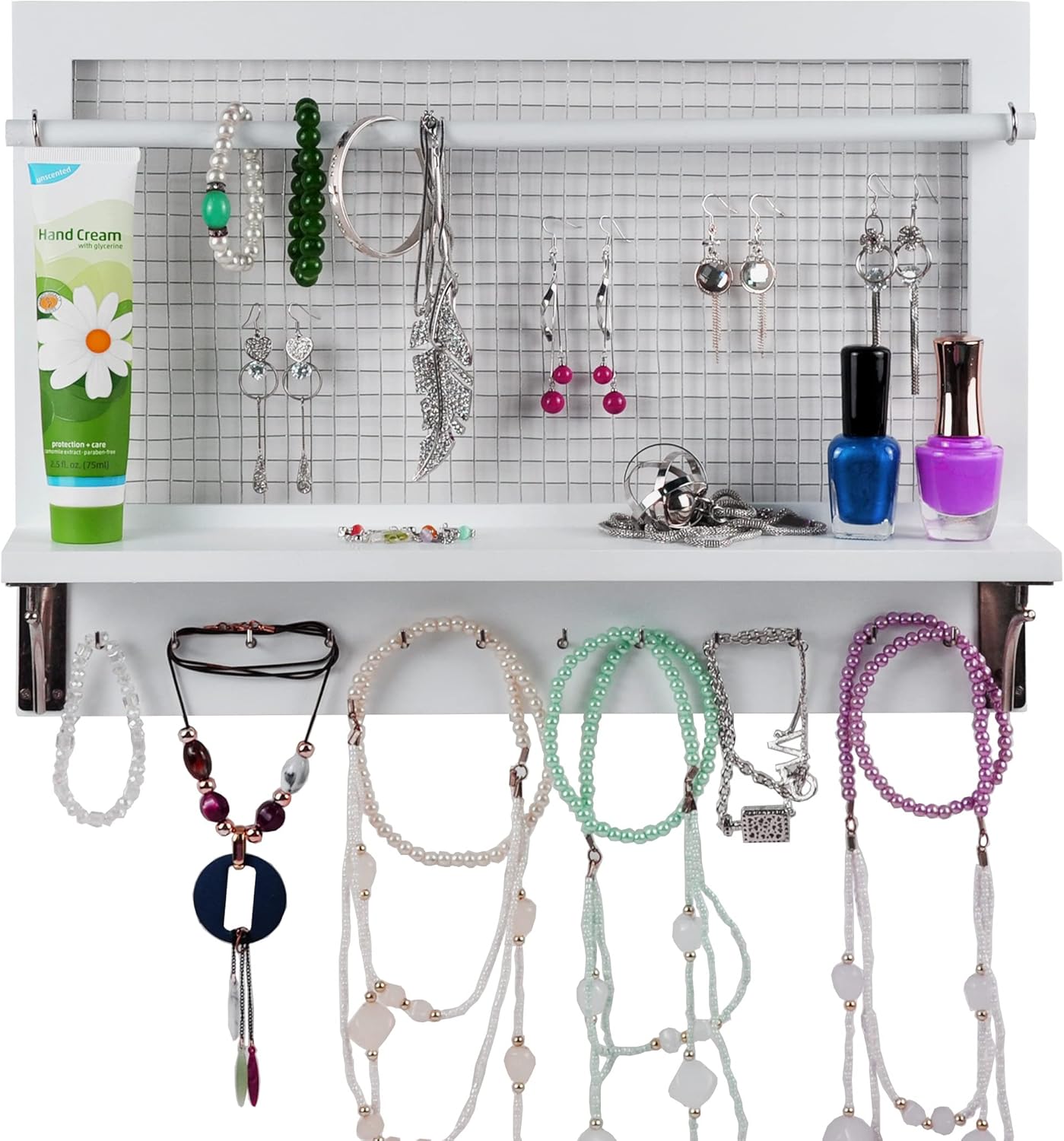 Spiretro White Jewelry Organizer, Wall Mount Jewelry Holder Rack with Hooks Shelf and Removable Rod Hanging Display Earrings Necklaces Bracelets Rings Storage Accessories Wood