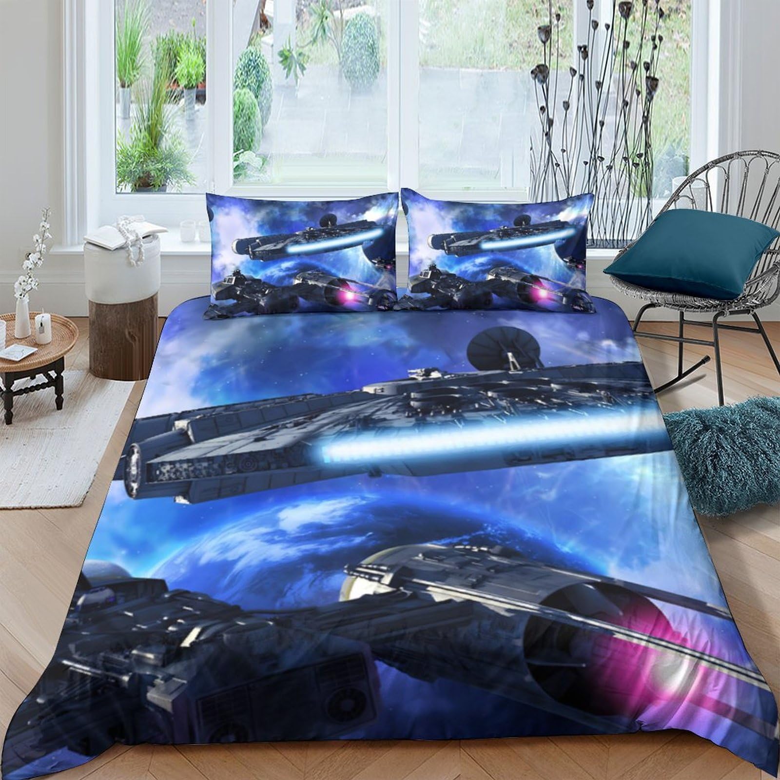 Ctjqhvkz Style-5 3D Printed Spaceship Galaxy Fitted Sheet Microfiber Soft Blue Black Cosmic Nebula Mattress Cover For Bedroom Dorm Home Decor Single（135X200cm）