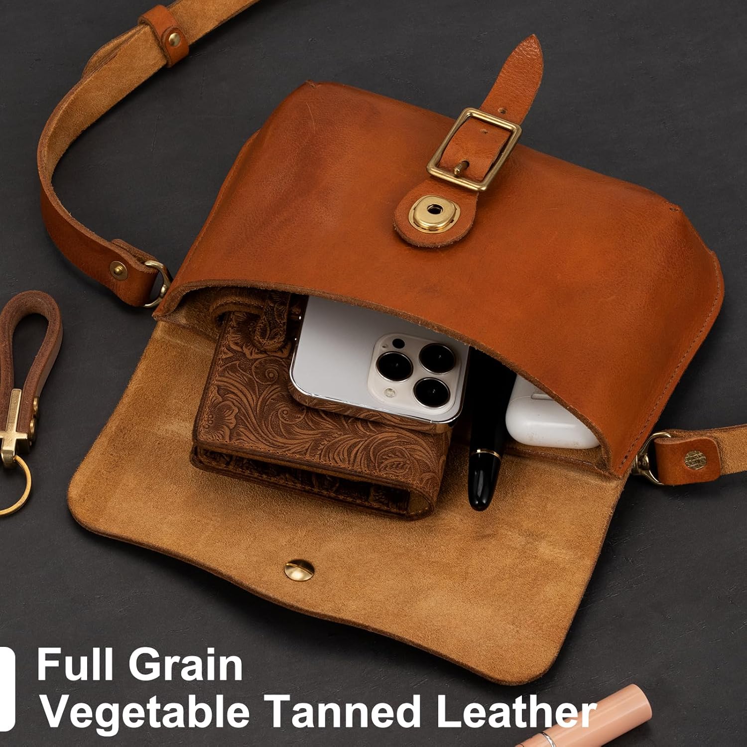 une diffe Genuine Leather Cross Body Bag for Women Men, Vegetable-Tanned Leather, Adjustable Strap,Pure Brass - Image 5
