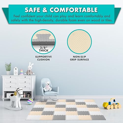 Miniatura 4 de ProSource Tapete de juego de espuma para niños y bebés con colores sólidos, 36 o 16 azulejos entrelazados con bordes, blancogrisbeige