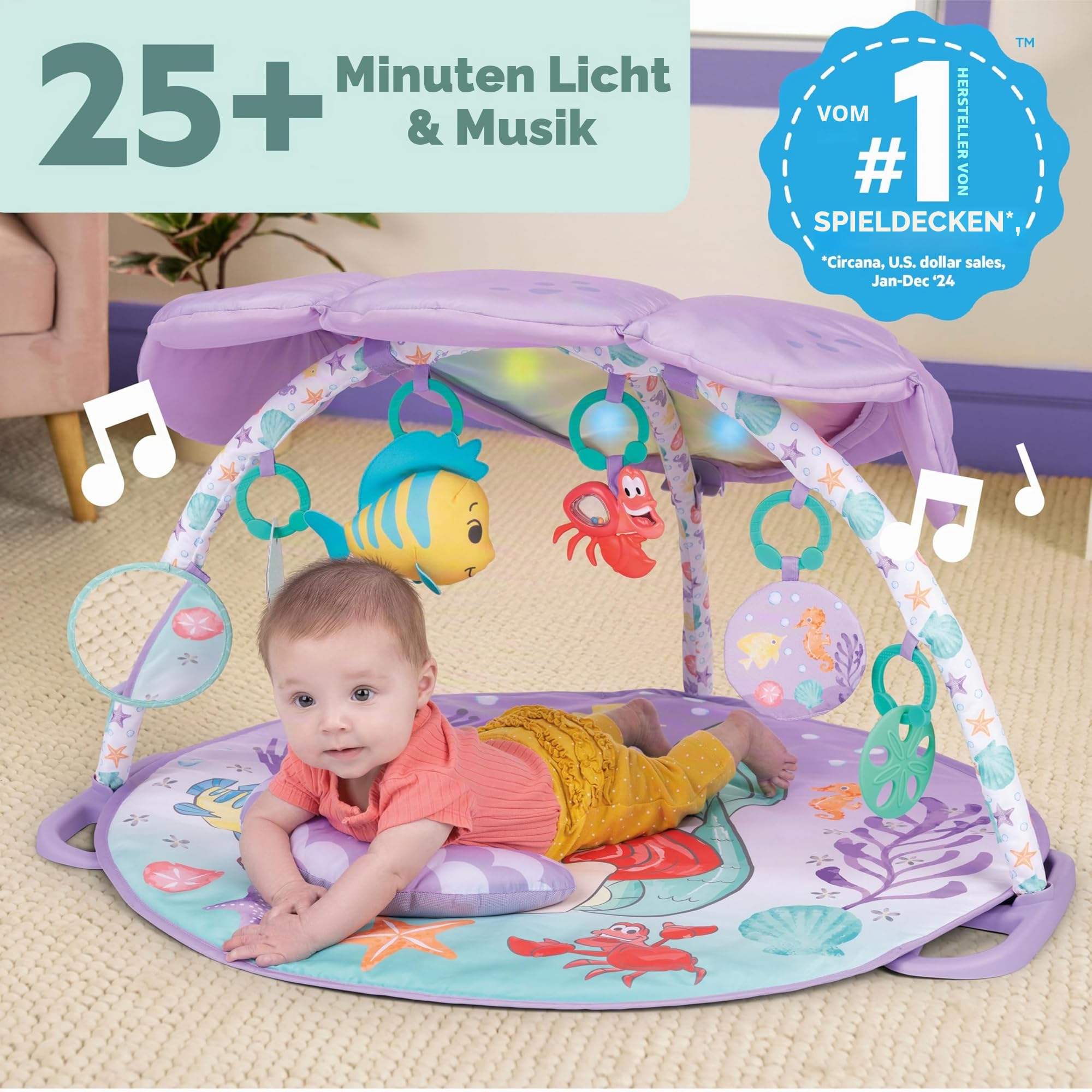 Bright Starts, Disney Baby Die kleine Meerjungfrau Twinkle Trove Spieldecke mit Spielbogen, 25 Minuten Melodien, 6 Spielzeuge enthalten, Neugeborene +