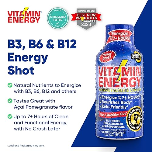 Miniatura 3 de Vitamin Energy Bebidas energéticas B12, sabor a granada Acai, hasta 7 horas de energía, 1.93 onzas líquidas, 4 unidades