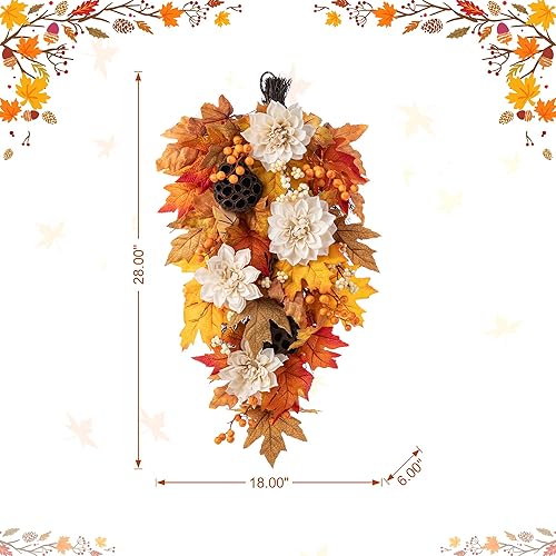Miniatura 4 de Glitzhome Lazos de lágrima de otoño para puerta delantera, 28 pulgadas de alto, con loto, vaina de loto y bayas, festones de otoño para puerta
