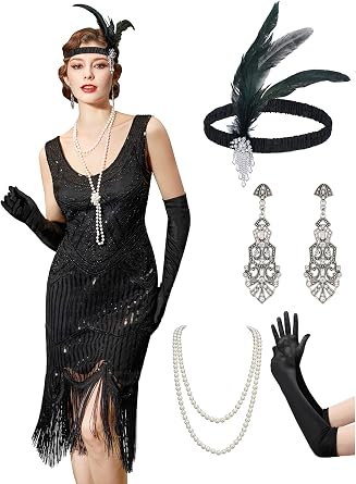 YESSA Flapper Dresses 1920s Gatsby Dress for Women Roaring 20s Costumes Fringed Sequin Cocktail Dress with 20s Accessories