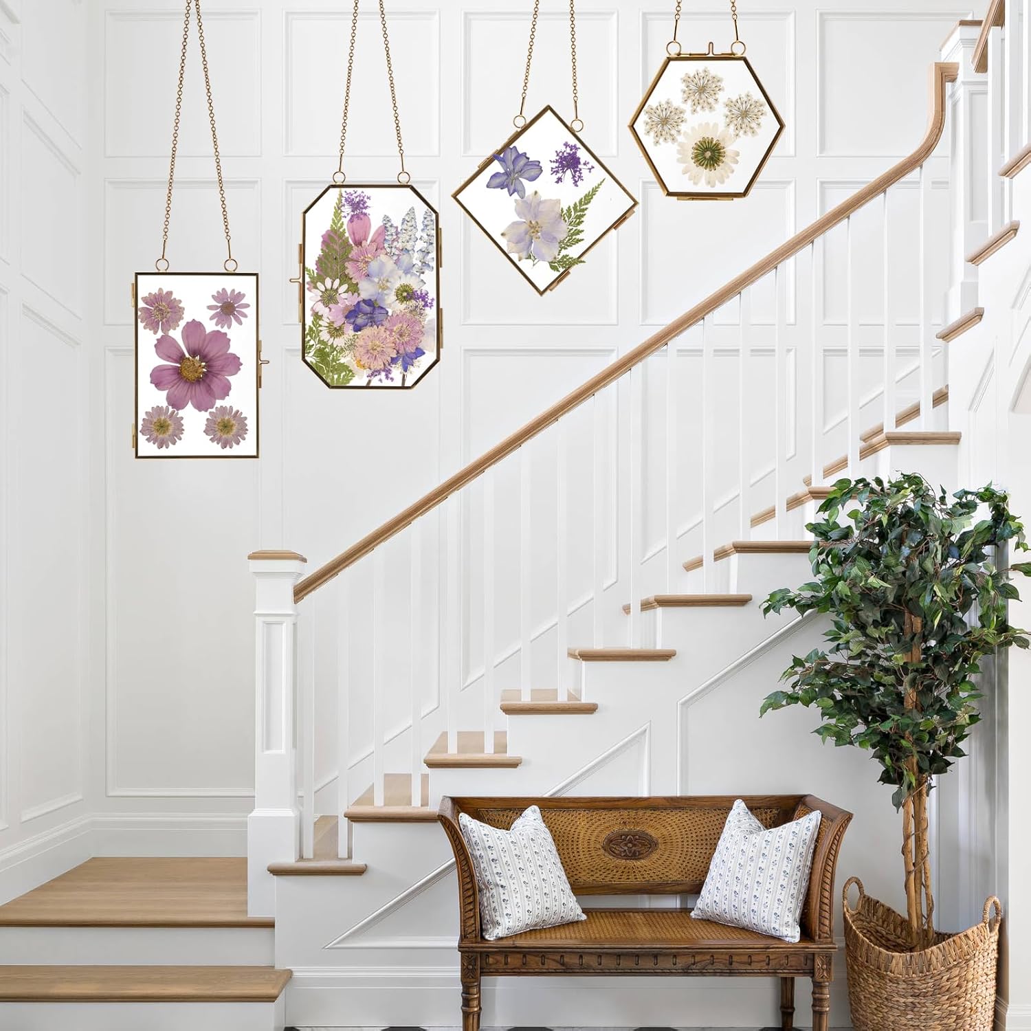 Pressed Flower Glass Picture Frames Hanging Frame Gold Floating Photo Frame Clear Horizontal Vertical Frames with Chain for Gallery Vintage Artwork Display (5 Sets, Dried Flowers Are Not Included)