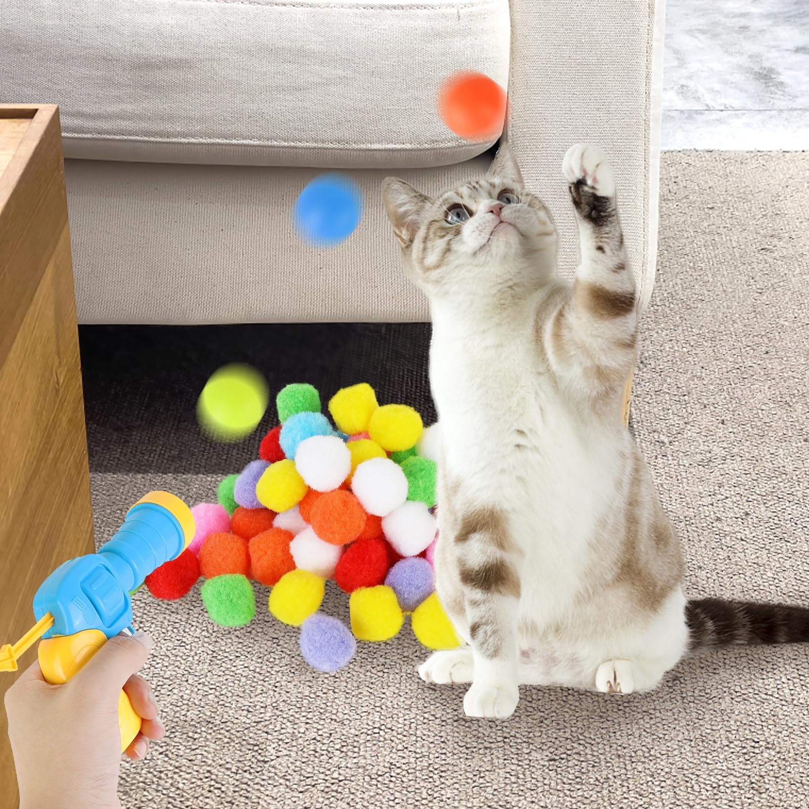 Interactive Cat Toys,Fuzzy Ball Shooter for Cats,Launcher Plush Ball Shooting Gun with 100pcs Soft Cat Pom Pom Balls,3 Cat Bouncy Balls,Cat Fetch Toys for Cats Kitten Exercise Training Playing Toys - Image 4